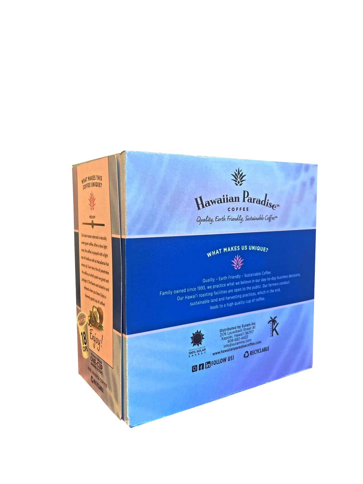 Hawaiian Paradise Coffee Luau Latte Coconut & Macadamia Nut Flavor K-Cup Pods (18 Count) - Medium Roast with Rich Aroma - Keurig Compatible - Perfect for Breakfast, Office or Afternoon Relaxation