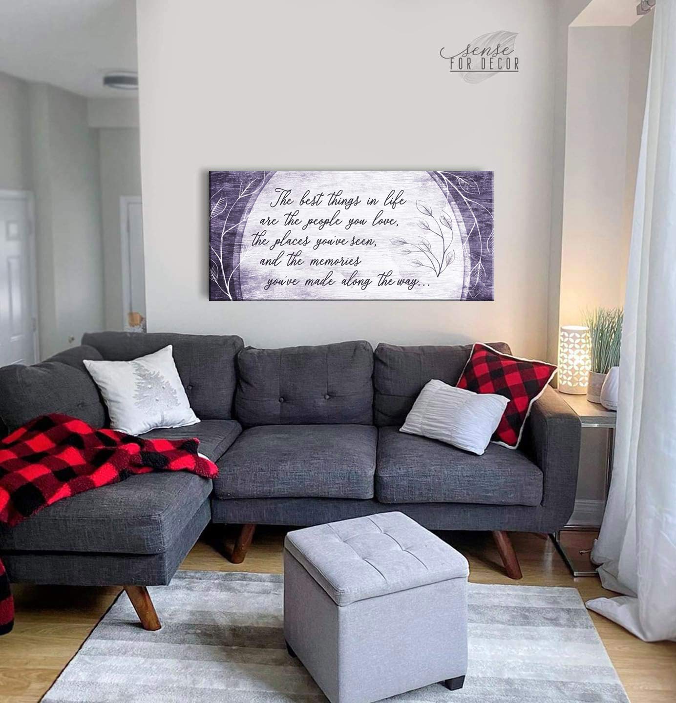 Best Things in Life Are The People You Love Quote Wall Art - Purple Wood Framed Canvas Print (60x27 inches) - Ready to Hang Home Decor for Living Room, Bedroom & Office - Inspirational Family Sign Gift