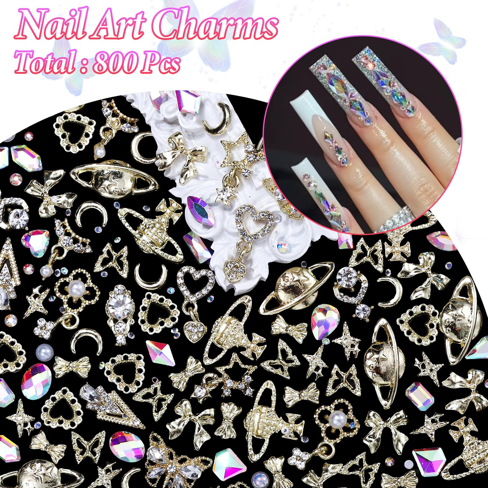 3D Nail Charms and Gems - Dangle Charms, AB Rhinestones, Flatback Pearls for Nail Art - Butterfly, Heart, Star, Crown, Planet Gold Decorations - DIY Nail Art Supplies for Parties, Weddings, and Special Occasions