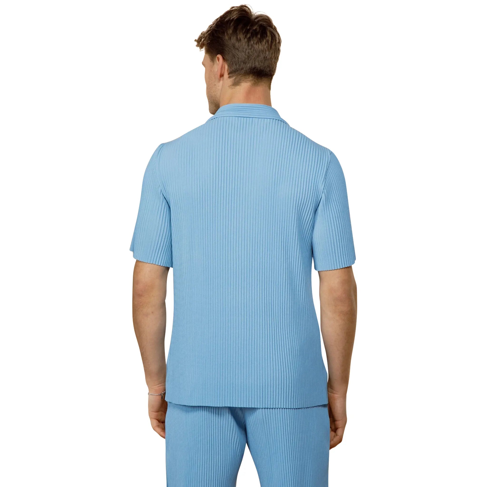 Belier Pleated Short Sleeve Light Blue Resort Shirt for Men - Casual Summer Beach Wear & Tropical Vacation Outfit