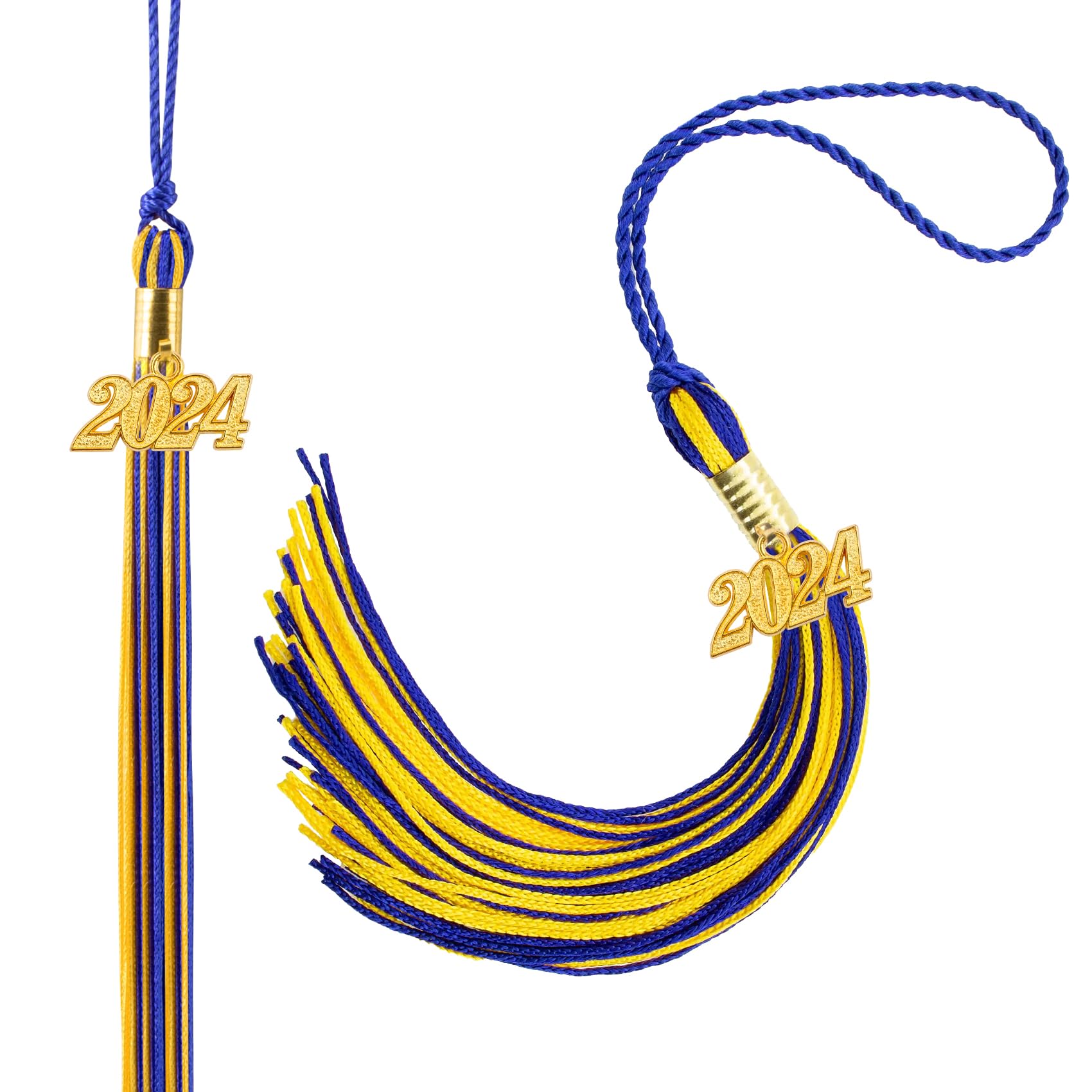 2024 Graduation Tassel Set - 2 Pack Gold & Blue Tassels with 2024 Charm for Graduation Cap, Hat, and Decorations - Perfect for Class of 2024 Ceremonies, Parties, and Photo Props