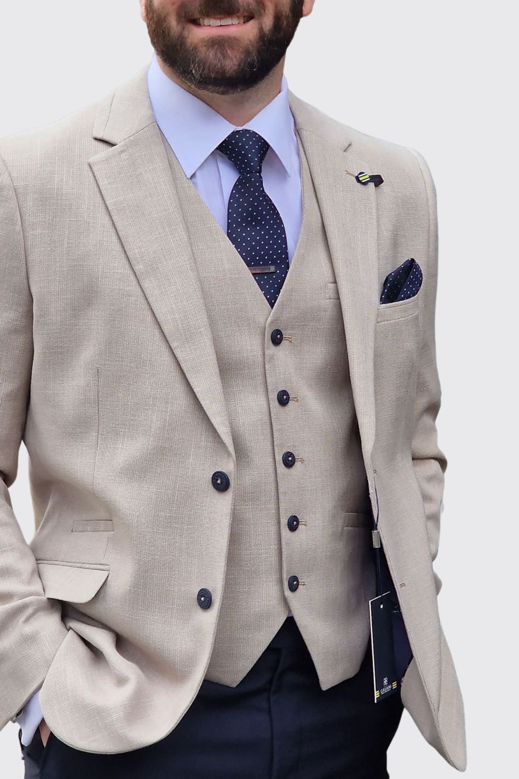 Cavani Miami Beige 3-Piece Suit with Navy Trousers for Men | Formal Business Attire | Perfect for Weddings, Office Meetings & Special Events