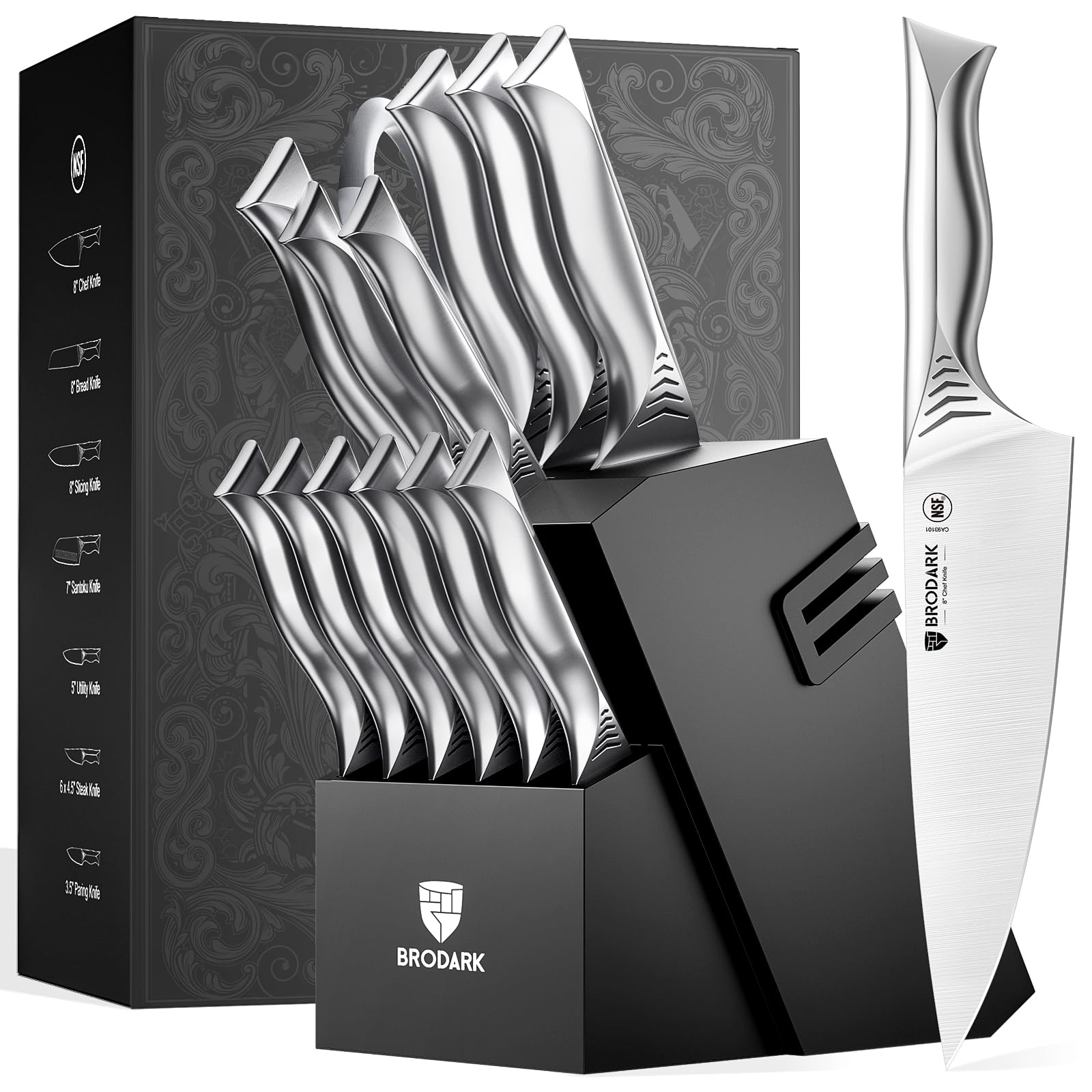 15-Piece High Carbon Stainless Steel Kitchen Knife Set with Block & Built-in Sharpener - Professional Shark Series Knives for Cooking, Slicing & Food Prep - Perfect for Home Chefs & Restaurant Use