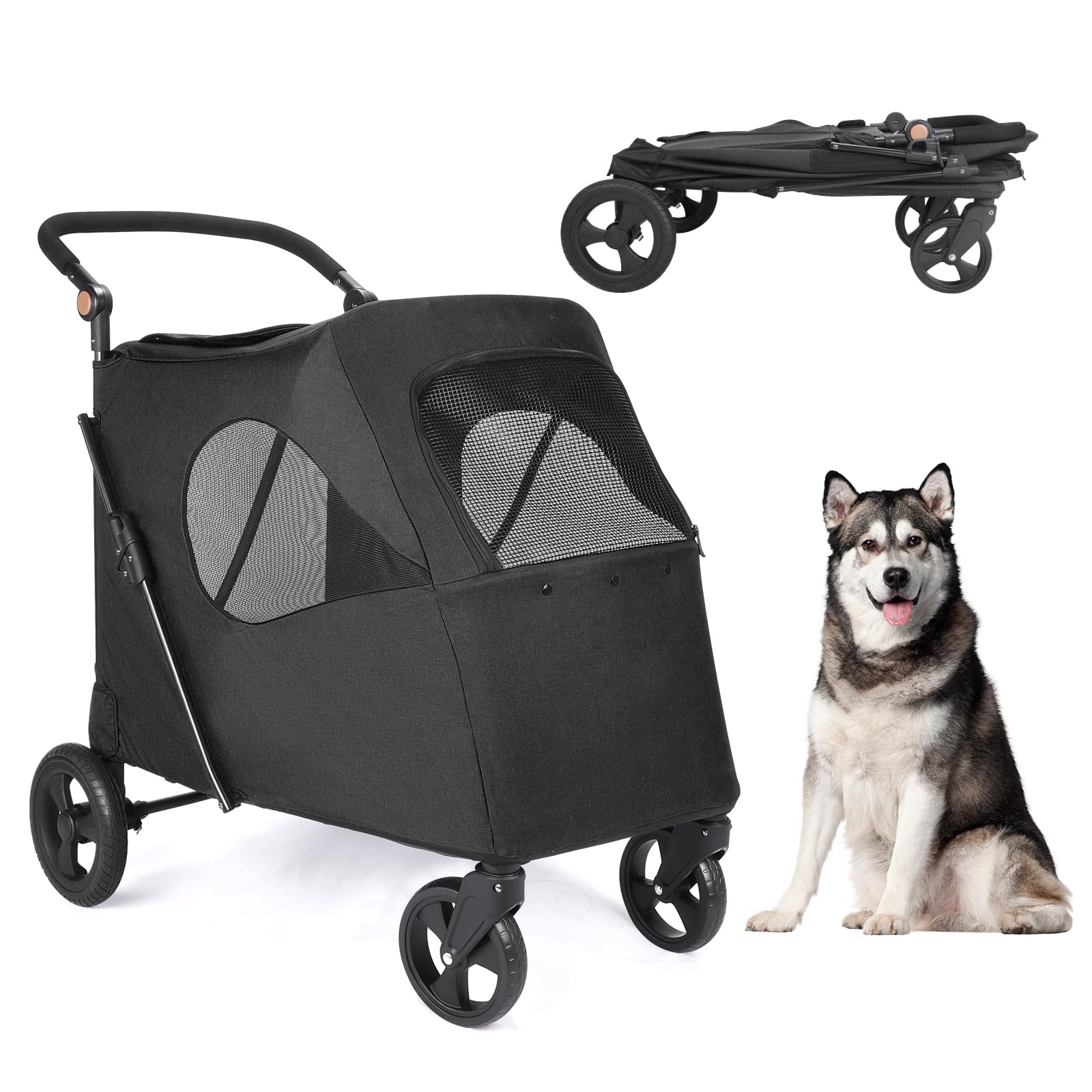 Timati 4-Wheel Large Dog Stroller - Foldable Travel Pet Wagon with Adjustable Handle & Zipper Entry - Breathable Mesh Skylight Cat Stroller for Medium Dogs 20-30 lbs (Supports up to 120 lbs) - Perfect for Outdoor Walks, Vet Visits & Shopping Trips (Black)
