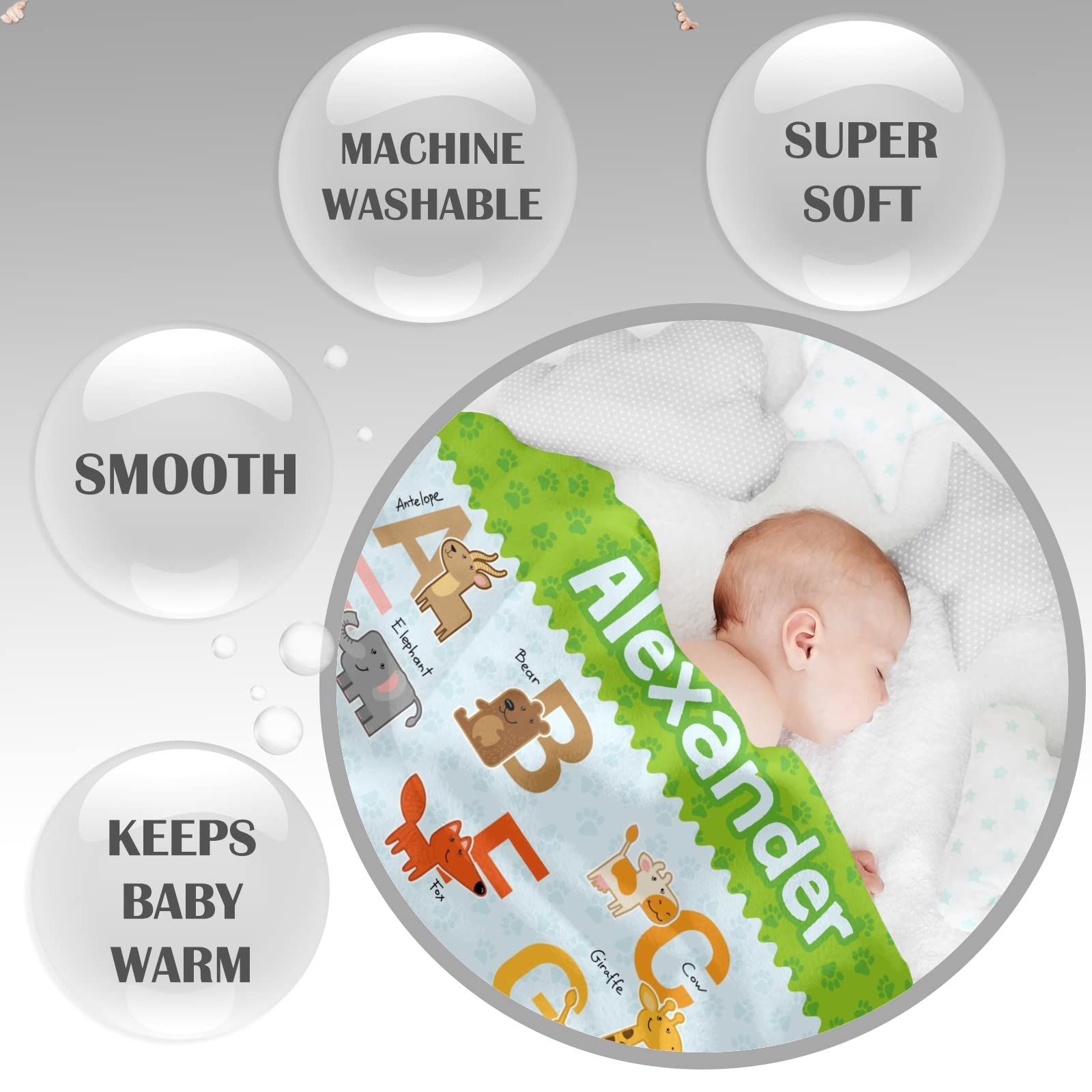 Personalized Baby Blankets for Boys and Girls - Custom Zoo Animal Alphabet Newborn Receiving Blanket with Name - 50x60 Inch Soft Baby Shower Gift for Nursery, Christening, and First Birthday