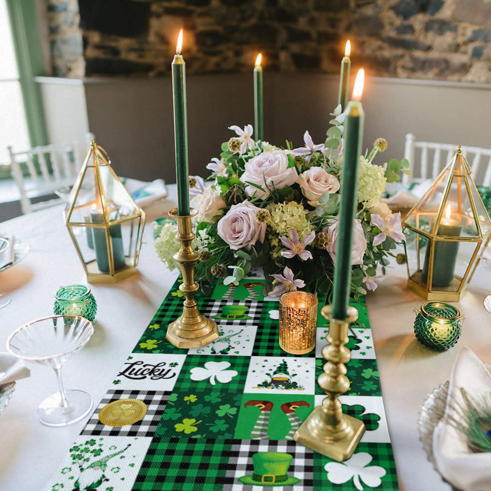 St. Patrick's Day Lucky Clover Table Runner - 72 Inch Irish Green Plaid Cotton Linen Tablecloth for Parties, Weddings & Home Decor | Perfect for Dining Tables, Coffee Tables & Dressers