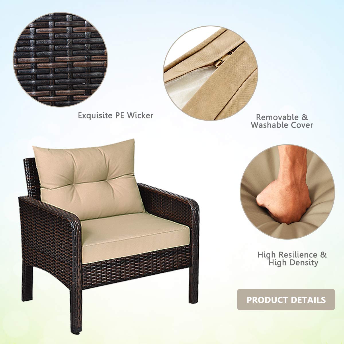 **HAPPYGRILL 4-Piece Outdoor Patio Furniture Set - Rattan Wicker Sofa with Cushions, Coffee Table with Tempered Glass Top & Storage Shelf - Perfect for Garden, Poolside, and Backyard Relaxation**