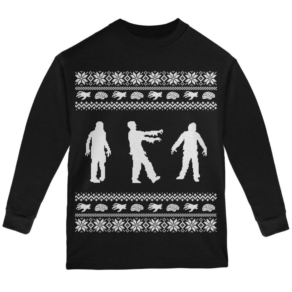 Old Glory Zombie Ugly Christmas Sweater Black Youth Long Sleeve T-Shirt | Halloween & Christmas Party Outfit for Teens