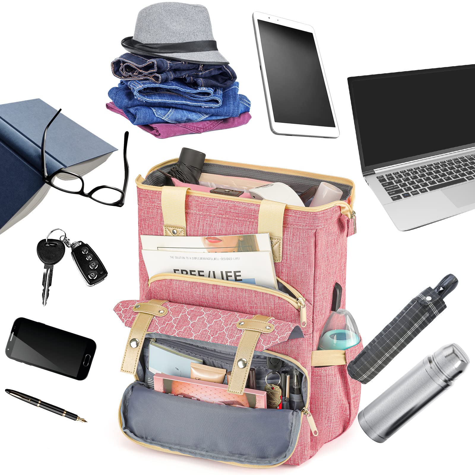 Stylish Pink Laptop Backpack for Women & Girls - 15.6 Inch USB Charging School Backpack with Wide Opening - Perfect for College, Work, Business, Nursing - Durable Travel & Daily Commute Backpack Purse