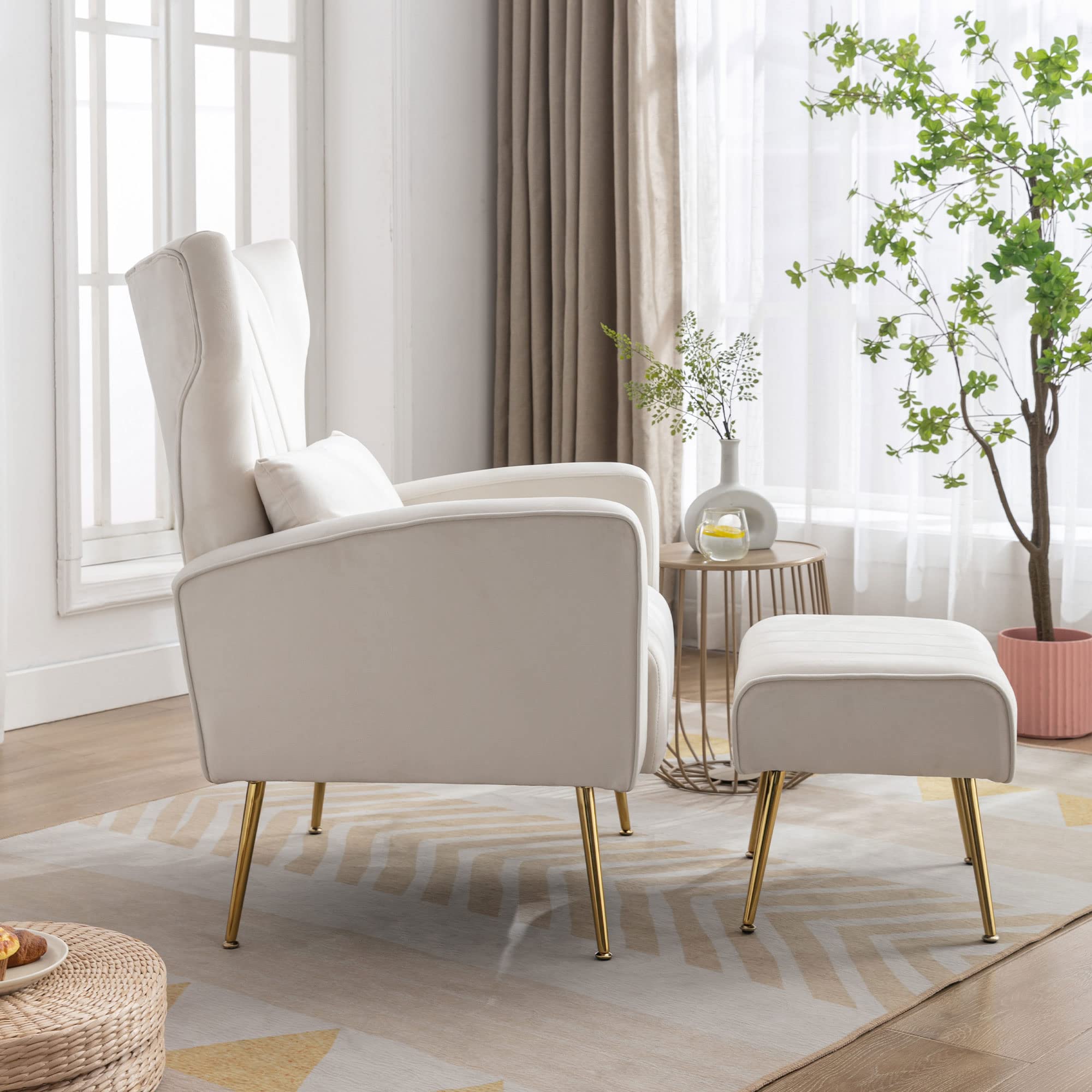 Velvet Wingback Accent Chairs with Ottoman Set of 2 - Upholstered Club Chairs with Gold Metal Legs for Living Room & Bedroom - Cream Reading Armchairs (Perfect for Cozy Reading Nooks & Lounge Areas)