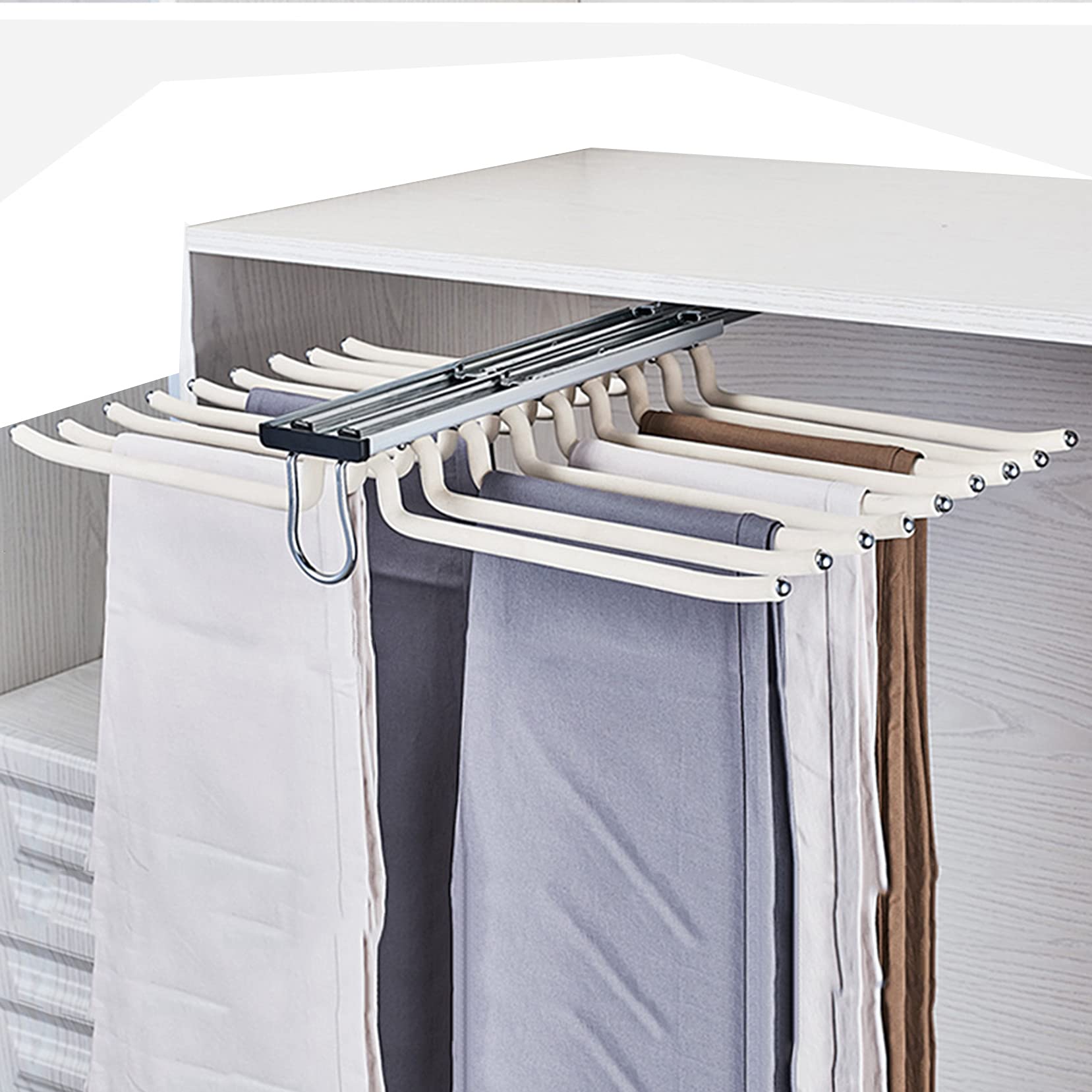 ZYFA Expandable Trousers Rack - 18 Arms Pull Out Pants Hanger Bar, Space Saving Closet Organizer for Men's & Women's Clothing Storage - Perfect for Small Closets, Walk-in Wardrobes and Laundry Rooms