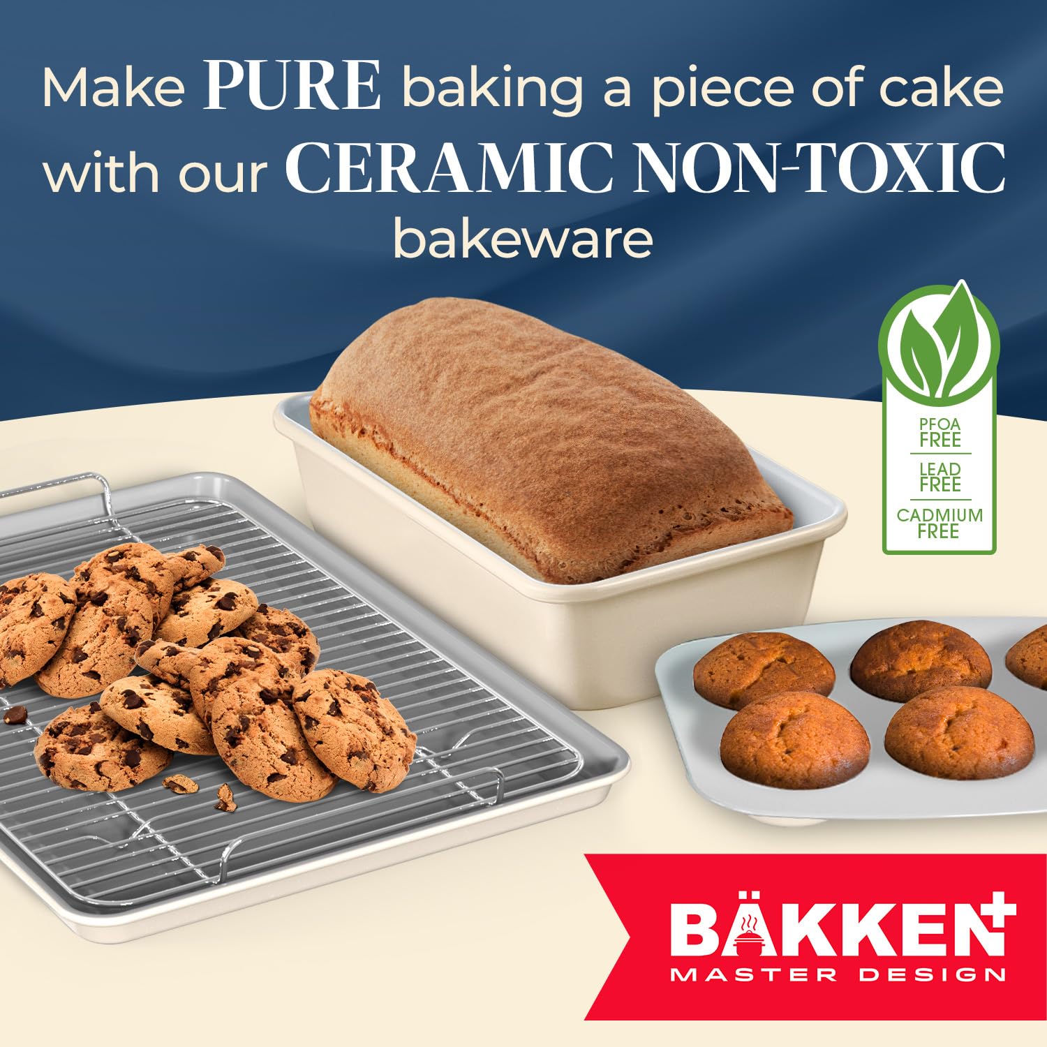 Bakken 8-Piece Stackable Bakeware Set - Non-Stick Ceramic Baking Sheets & Pans, PTFE/PFOA/PFOS Free - Oven Safe, Ergonomic Handles with Cooling Rack for Healthy Baking - Perfect for Cookies, Cakes, Bread & Party Desserts