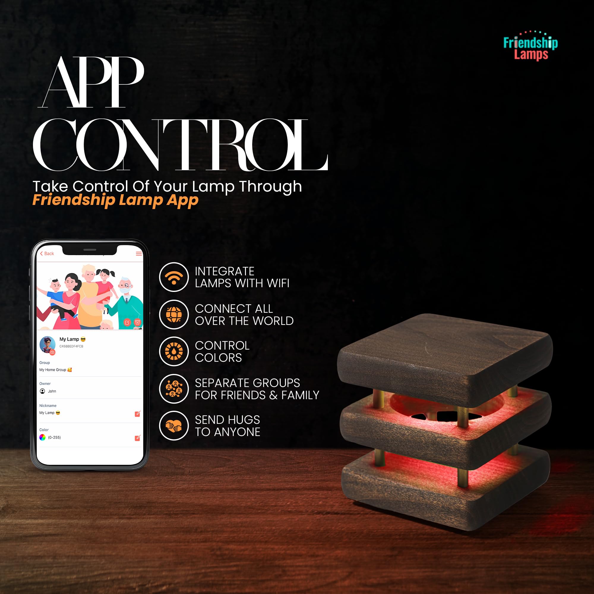 Friendship Lamp Mini Square Mid-Century Handmade WiFi Touch LED Light - Long Distance Connection Gift for Best Friends, Couples & Relationships | Unique App-Controlled Night Light for Bedroom, Living Room & Gifts (Kona Set of 2)