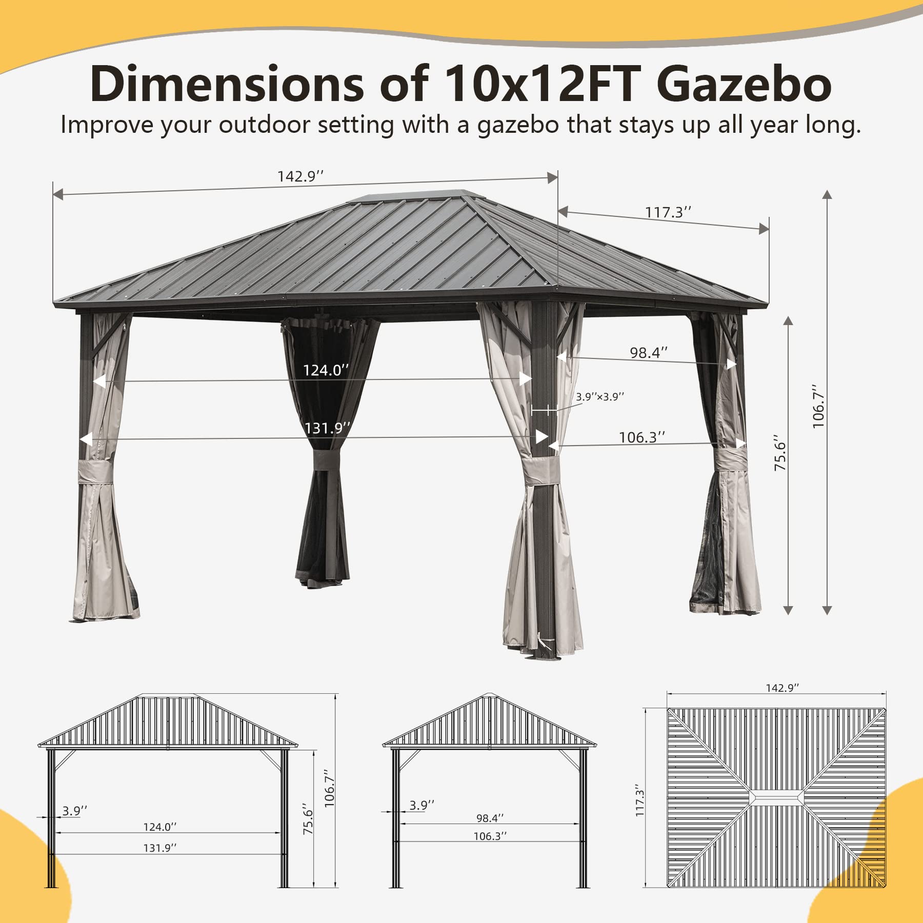 10' x 12' Domi Hardtop Gazebo - Galvanized Steel Roof & Aluminum Frame Permanent Outdoor Pavilion with Netting & Curtains - Perfect for Garden, Patio, Lawn Parties & Backyard Relaxation (Dark Brown)