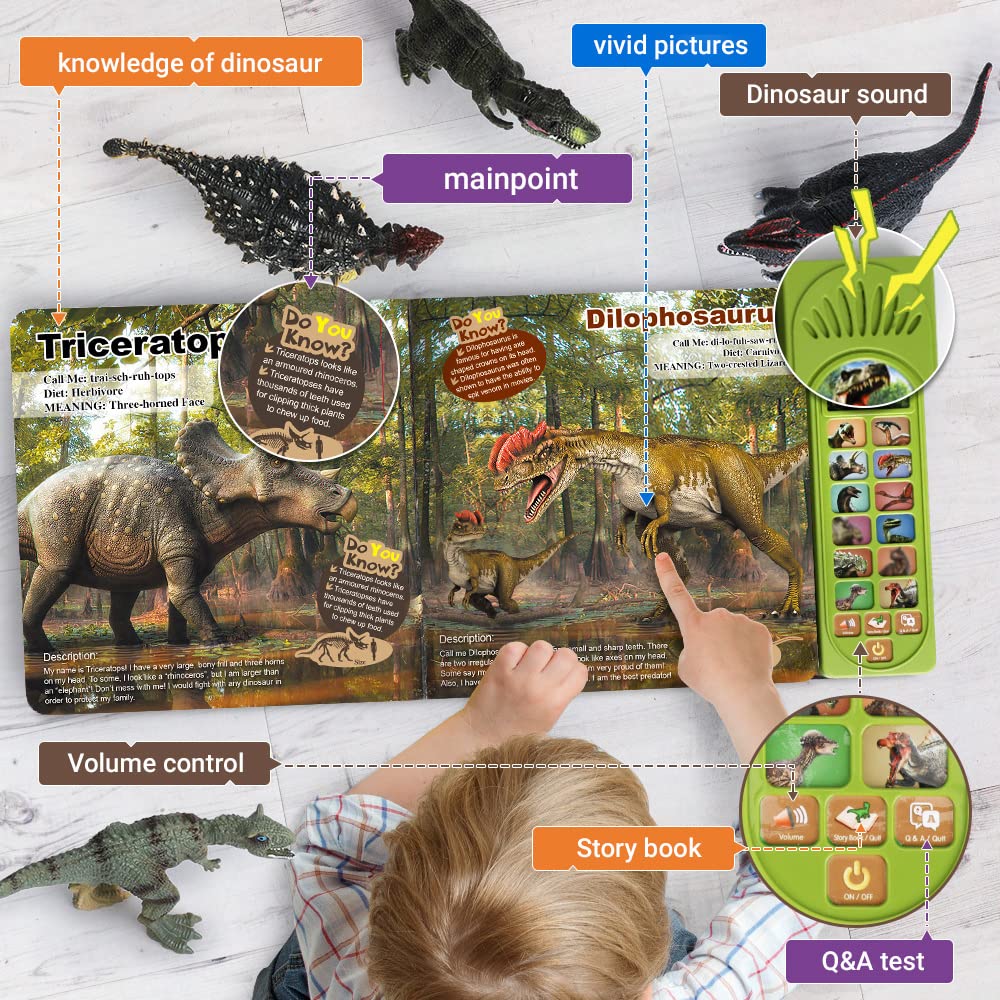 FRUSE 12Pcs Dinosaur Toys for Kids Ages 3-6 - Realistic Dinosaur Figures with Interactive Sound Book, Roaring Sounds, Educational Stories & Q&A - Best Dinosaur Gift for Boys & Girls - Perfect for Playtime, Learning & Birthday Gifts