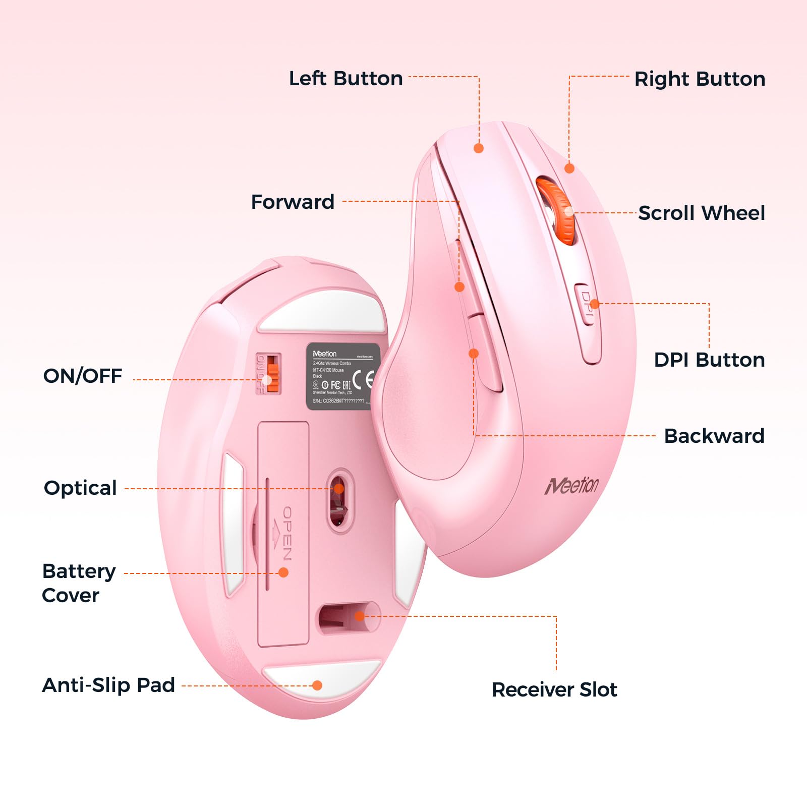 MEETION Wireless Keyboard and Mouse Combo - Full-Sized Ergonomic Keyboard with Wrist Rest & 3 DPI Adjustable Mouse, 2.4G Wireless for PC, Laptop, Windows, Mac (Pink) - Perfect for Office, Gaming, and Home Use