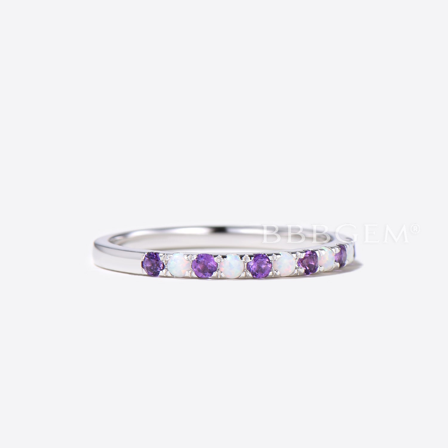 Opal Amethyst Wedding Band Ring - Half Eternity Stackable Ring for Women - 925 Sterling Silver Anniversary Gift for Her - Perfect for Bridal Jewelry, Stacking Rings & Special Occasions