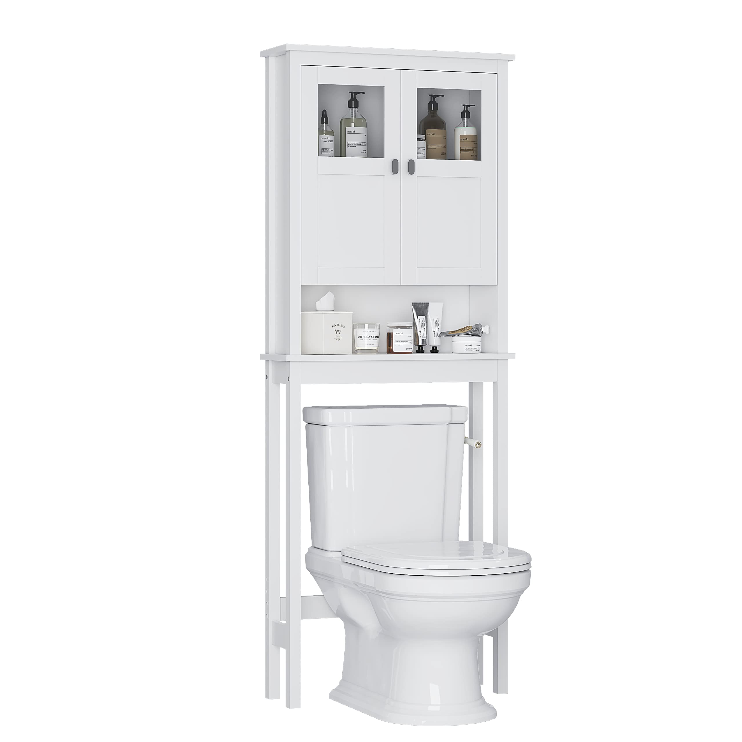 White Over The Toilet Storage Cabinet with Glass Doors & Adjustable Shelves - Bathroom Space Saving Organizer for Towels, Toiletries & Cosmetics