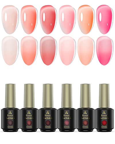 Biutee 6 Colors Jelly Nude Pink Gel Nail Polish Set - Translucent Sheer Milky Pastel UV LED Soak Off Nail Gel Kit for DIY Nail Art at Home & Salon Use | Perfect for Spring Manicures, Bridal Nails & Everyday Wear