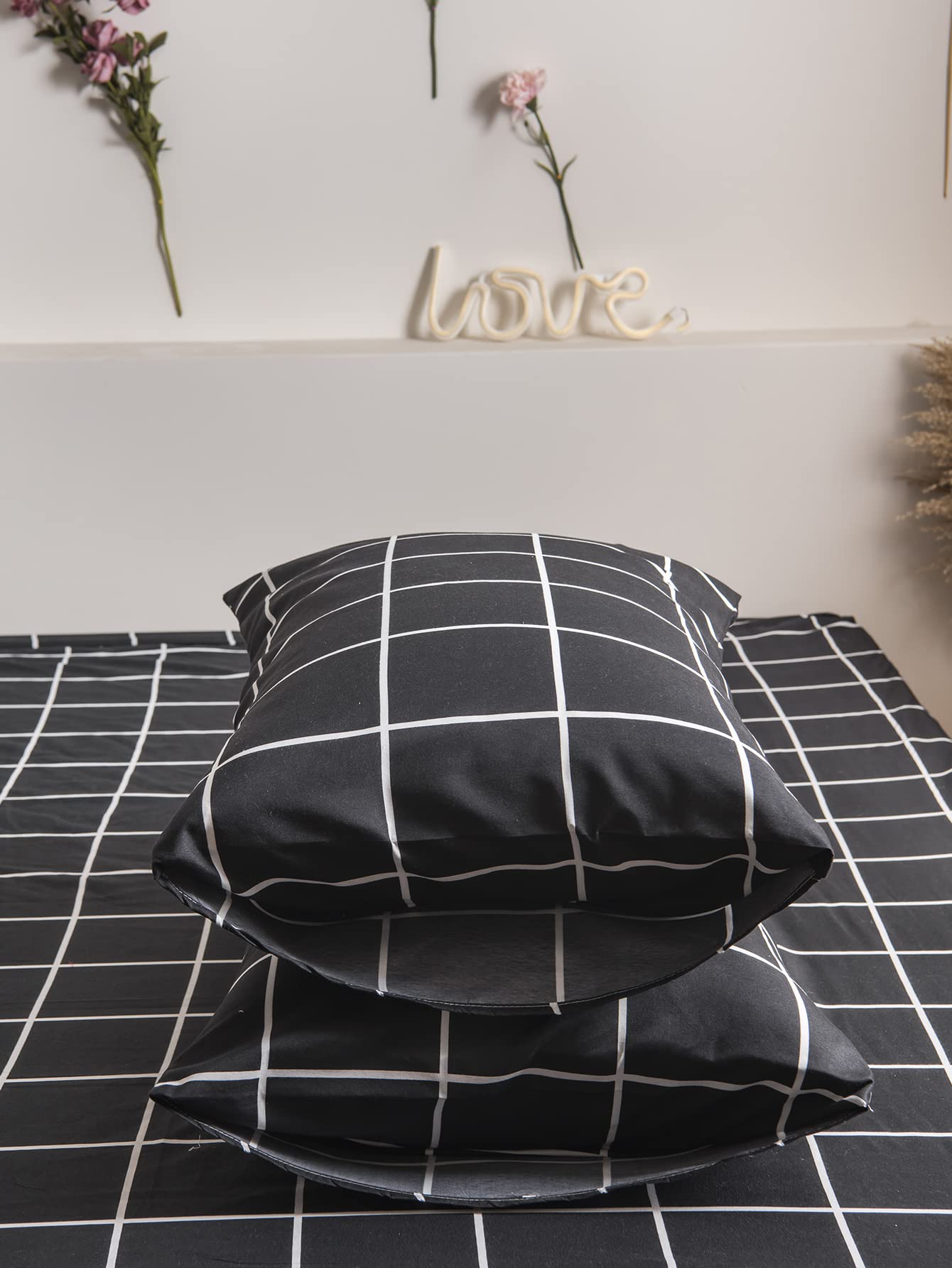 Premium Black Geometric Grid Pillowcases Set of 2 - Soft Breathable Microfiber King Size (20x40 Inches) - Modern Check Lattice Design for Bedroom Decor, Hotel & Guest Room Essentials