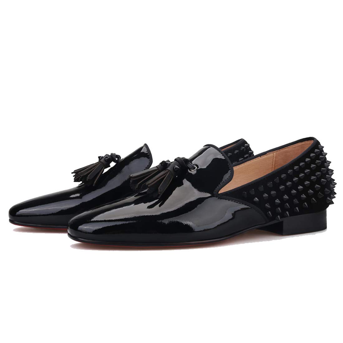 FERUCCI Black Patent Leather Loafer Shoes with Spikes - Women's Formal Flat Slippers for Prom, Wedding & Evening Events - Comfortable Dress Shoes for Parties, Office & Special Occasions