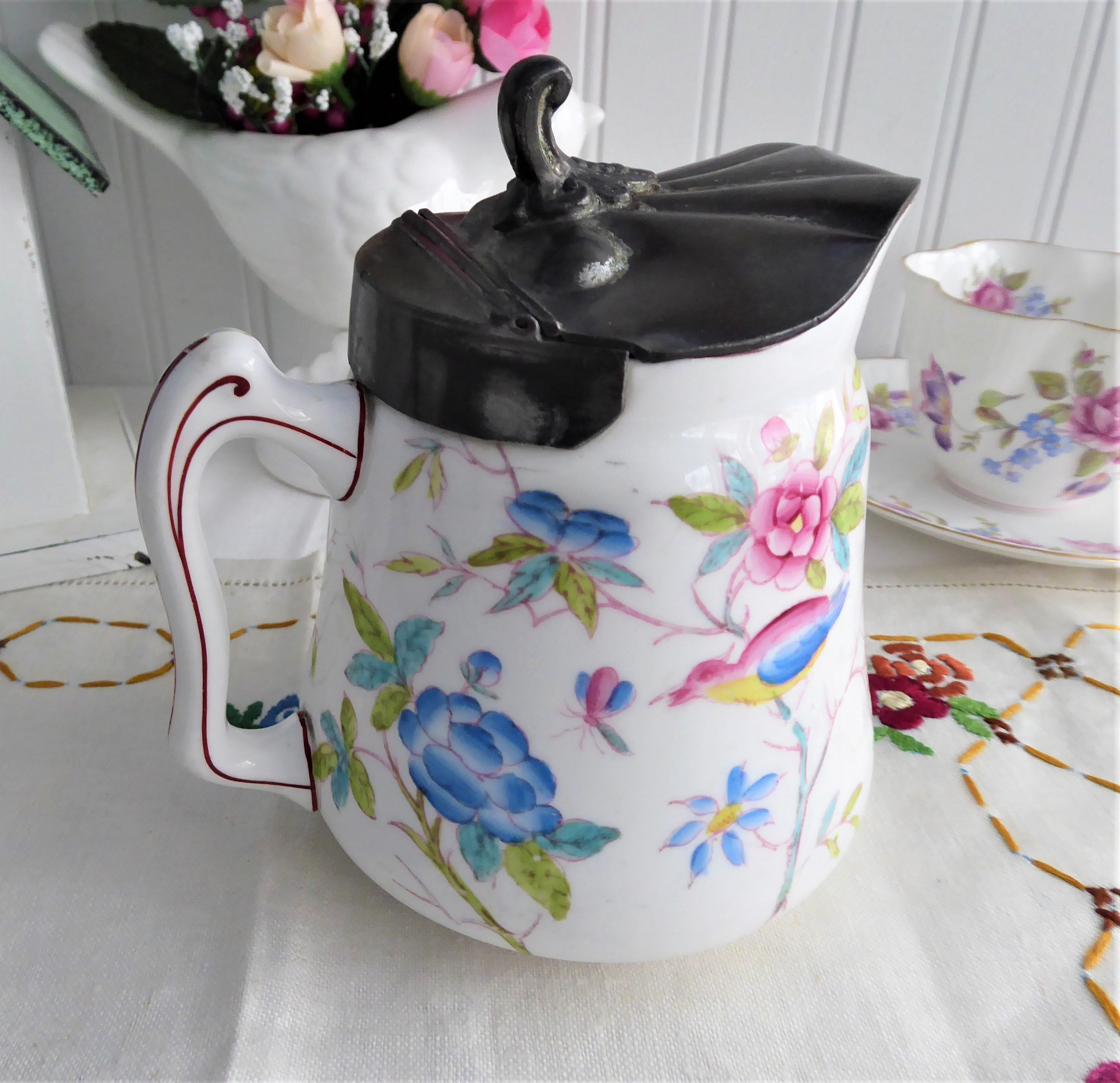 Antique English Aesthetic Movement Hot Water Jug with Pewter Lid - Victorian Floral Pitcher 1880s for Tea Service & Home Decor