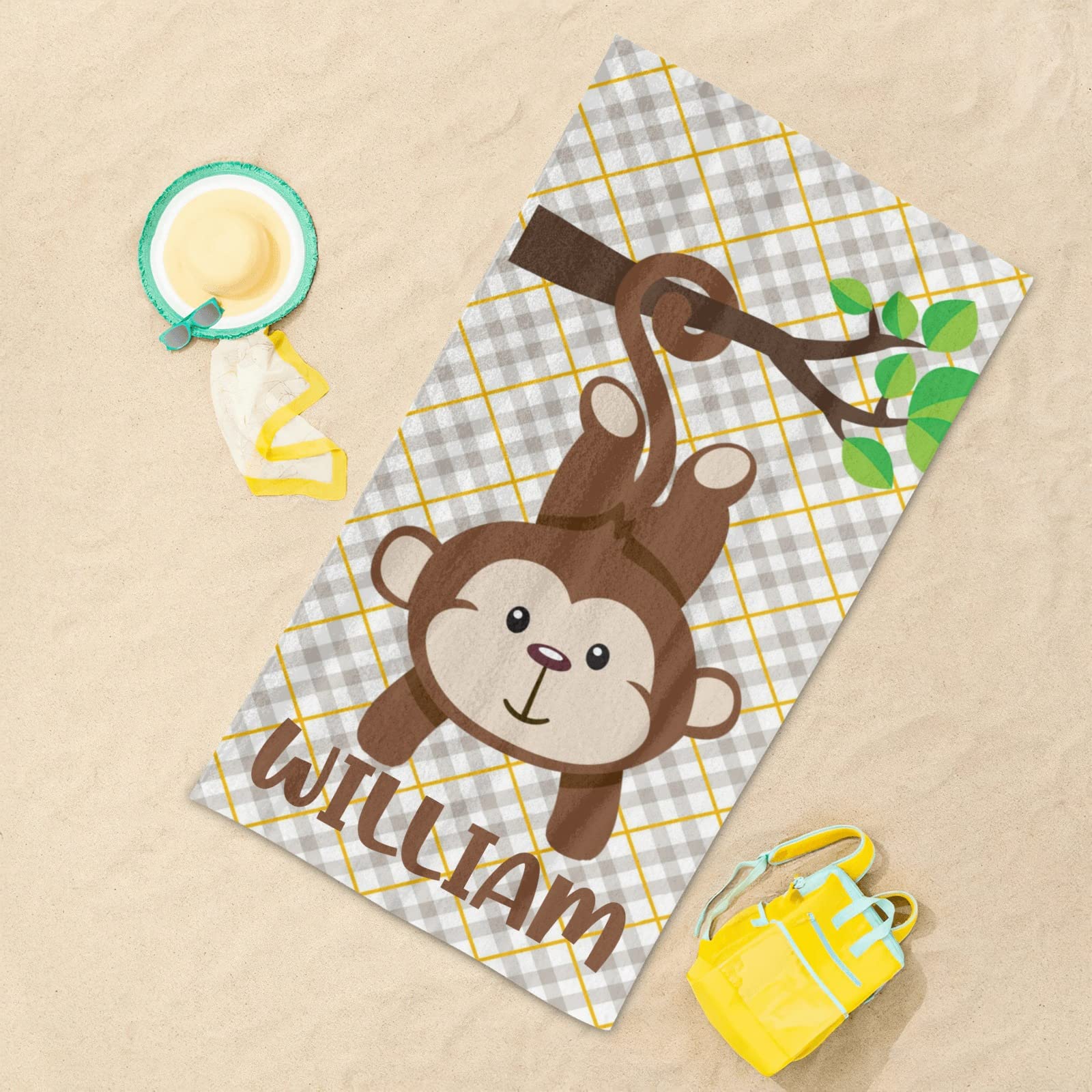 Custom Personalized Beach Towel - Soft Quick-Dry Bath Towel for Swimming, Sunbathing & Travel - Cute Monkey Design for Kids, Men, Women - Perfect for Pool, Beach & Gym Use
