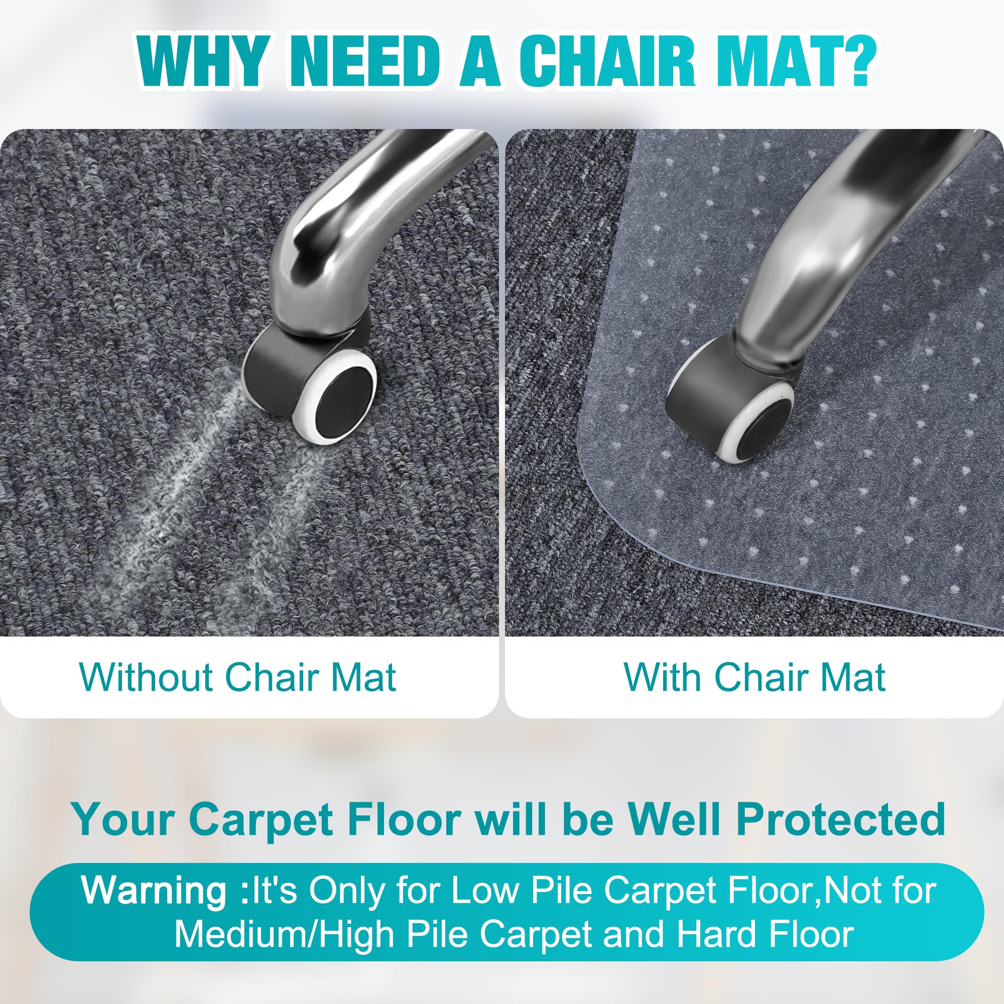 LeapYouth Clear Office Chair Mat for Carpets - Thick & Sturdy Desk Floor Protector for Low, Flat & No Pile Carpeted Floors - 48