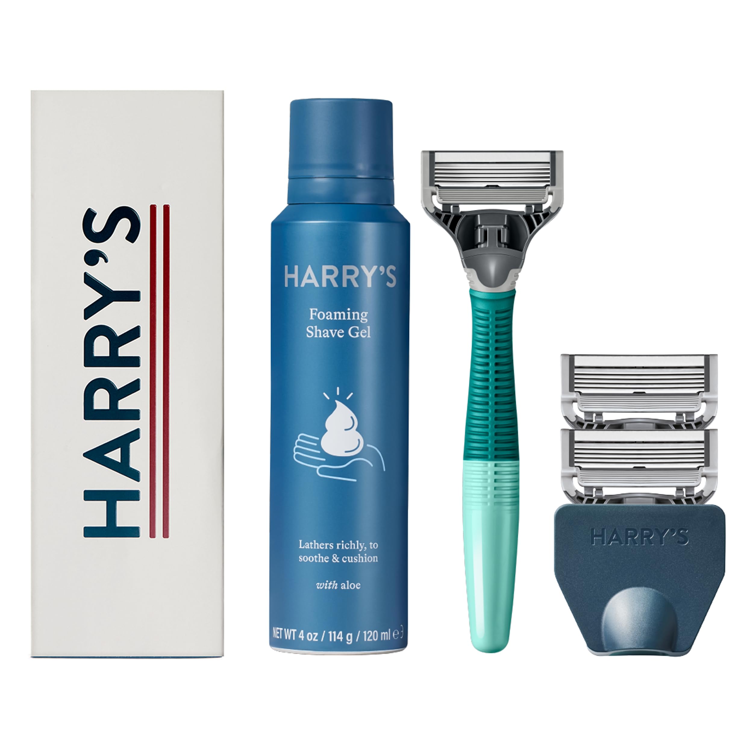 Premium Men's Shaving Kit - Harry's Razor Handle with 3 Blade Refills, Foaming Shave Gel & Travel Cover - Sage Green - Perfect for Travel, Gifts & Daily Shaving Routine