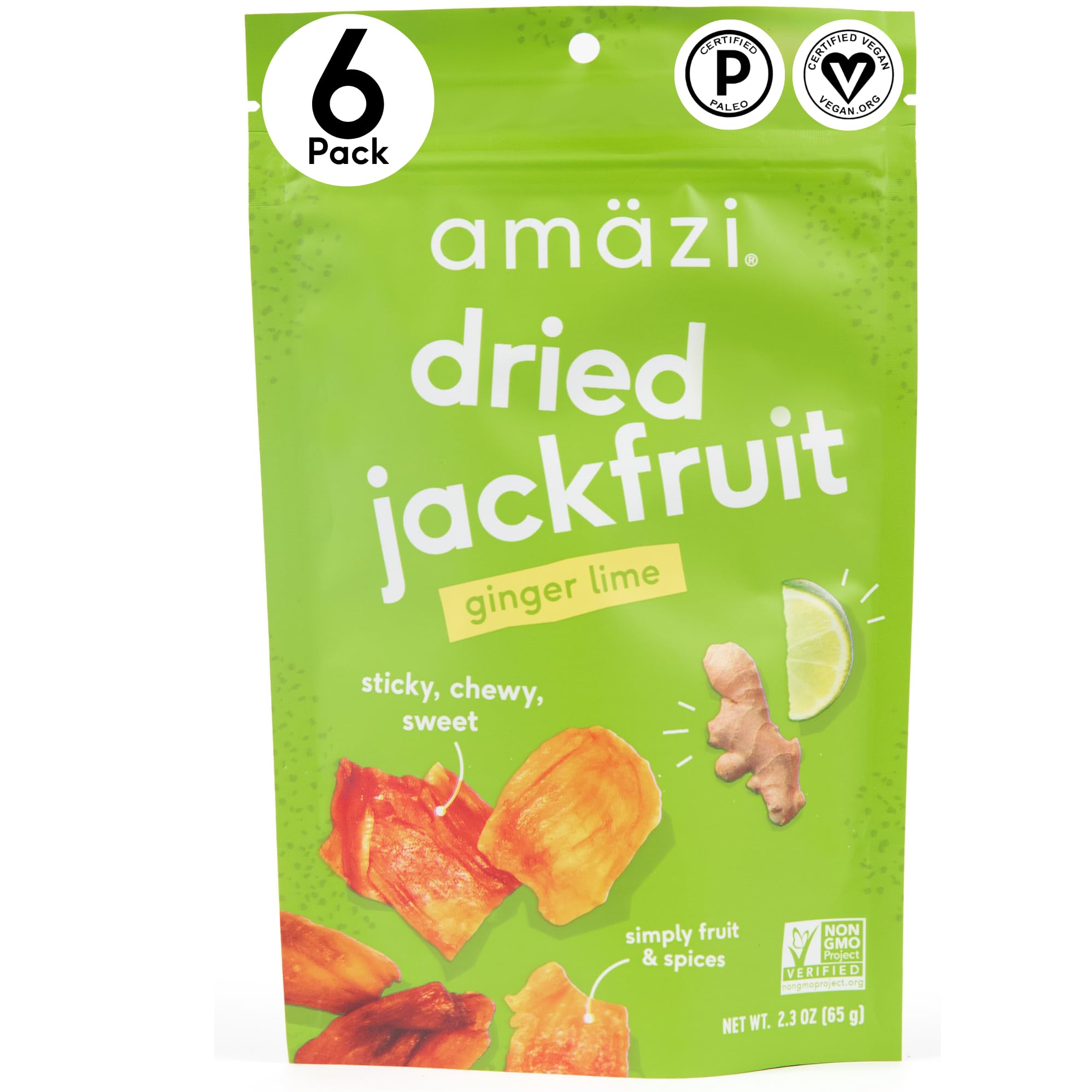 Amäzi Foods | Ginger Lime Dried Jackfruit (6 Pack) | All Natural, Gluten Free Healthy Dried Fruit Snacks | Vegan, Paleo & Keto Friendly | Perfect for On-the-Go, Hiking & Office Snacking