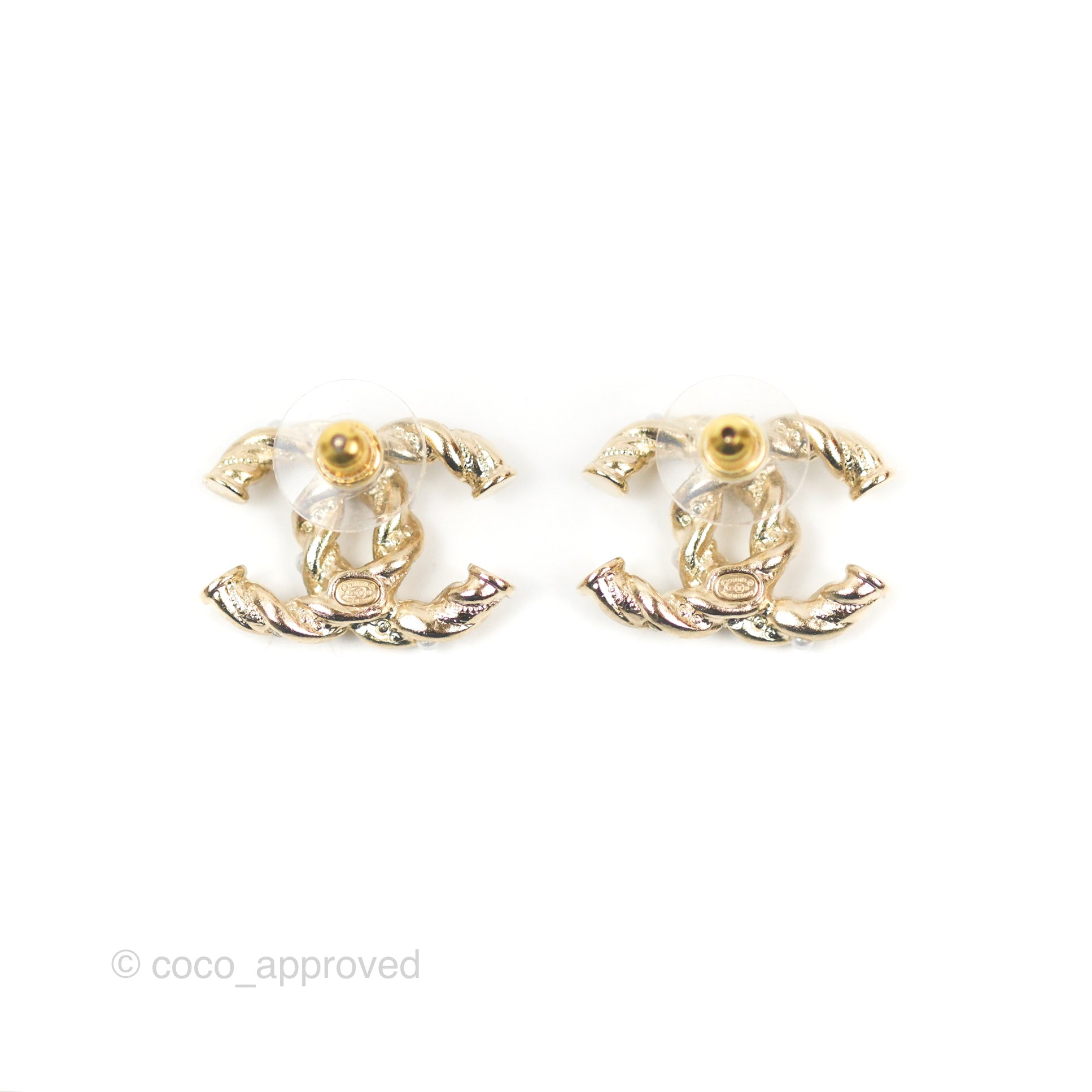 Chanel CC Pearl Crystal Twist Earrings in Gold Tone - Luxury Fashion Jewelry for Women | Perfect for Parties, Weddings & Special Occasions