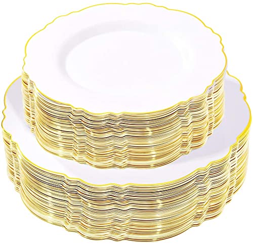 100-Piece Gold Plastic Plates & 90-Piece Gold Plastic Silverware Set - Elegant Disposable Tableware for Parties, Weddings, and Special Events