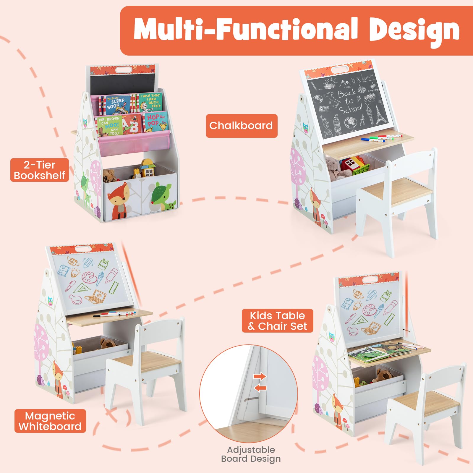 HONEY JOY Kids Art Easel - Adjustable Double-Sided Wooden Toddler Table & Chair Set with Magnetic Whiteboard & Chalkboard, Bookshelf & Storage Bin - Perfect for Arts & Crafts, Drawing & Learning - Ideal Gift for Boys & Girls (White) - Great for Home, Classroom & Playroom Activities