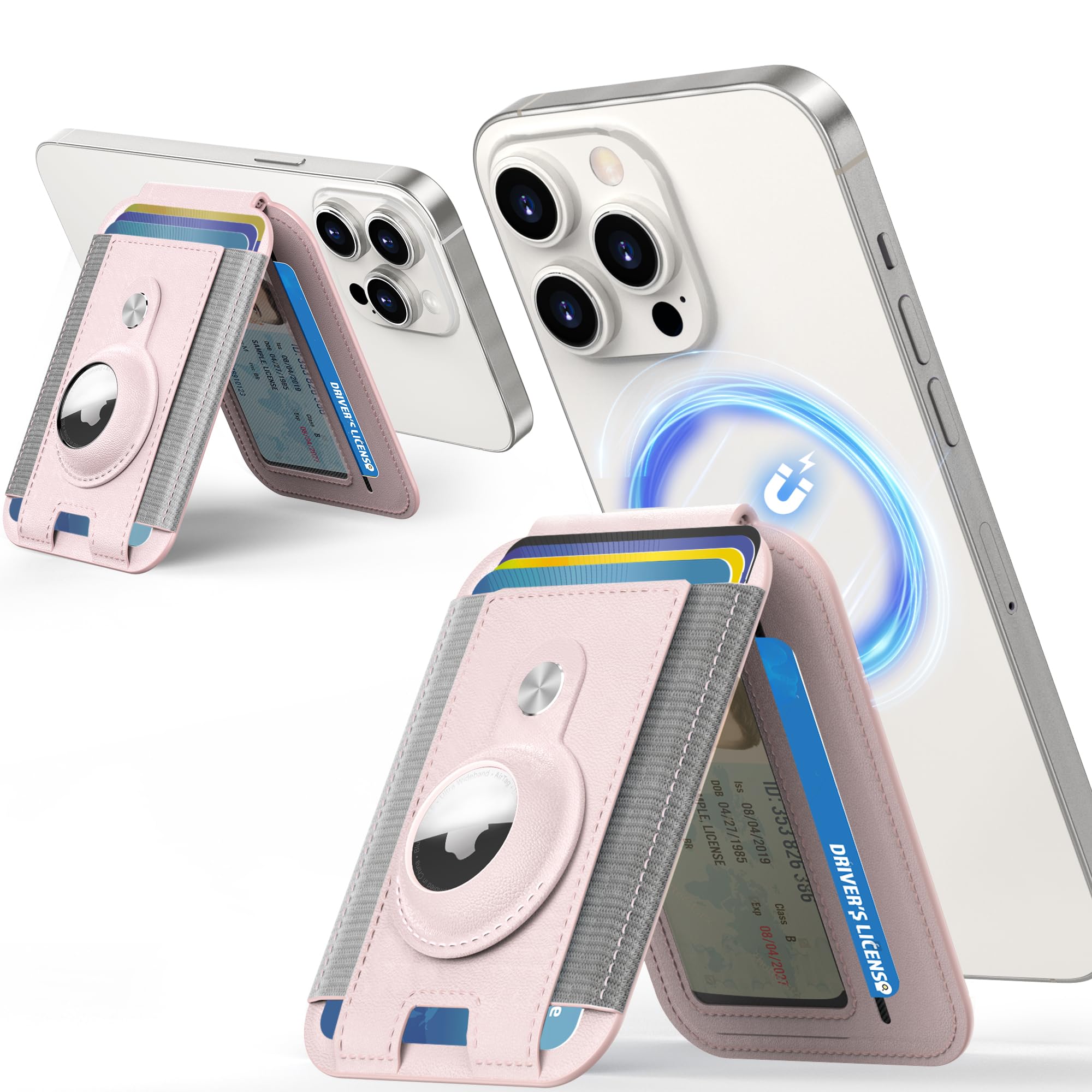 Magnetic AirTag Holder with Adjustable Stand - MagSafe Compatible for iPhone 15/14/13/12 Series - 7 Card Slots Vegan Leather Wallet Case (Light Pink) - Perfect for Travel, Shopping & Everyday Use