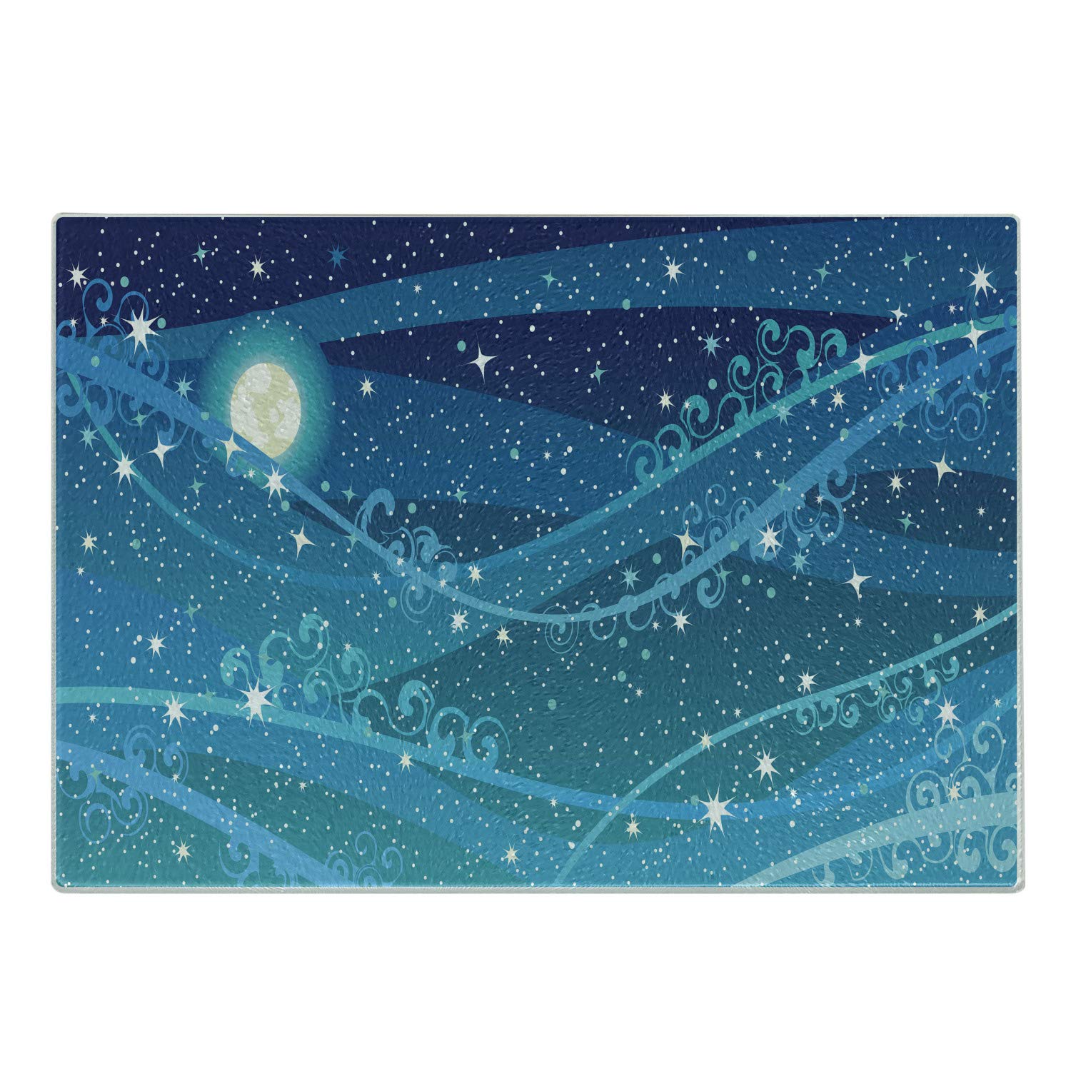 Ambesonne Starry Night Cutting Board - Astronomy Themed Tempered Glass Serving Board with Full Moon, Dots, Stripes & Swirls Pattern - Small Size in Blue, Navy & White - Perfect for Cheese Platters, Charcuterie & Kitchen Decor