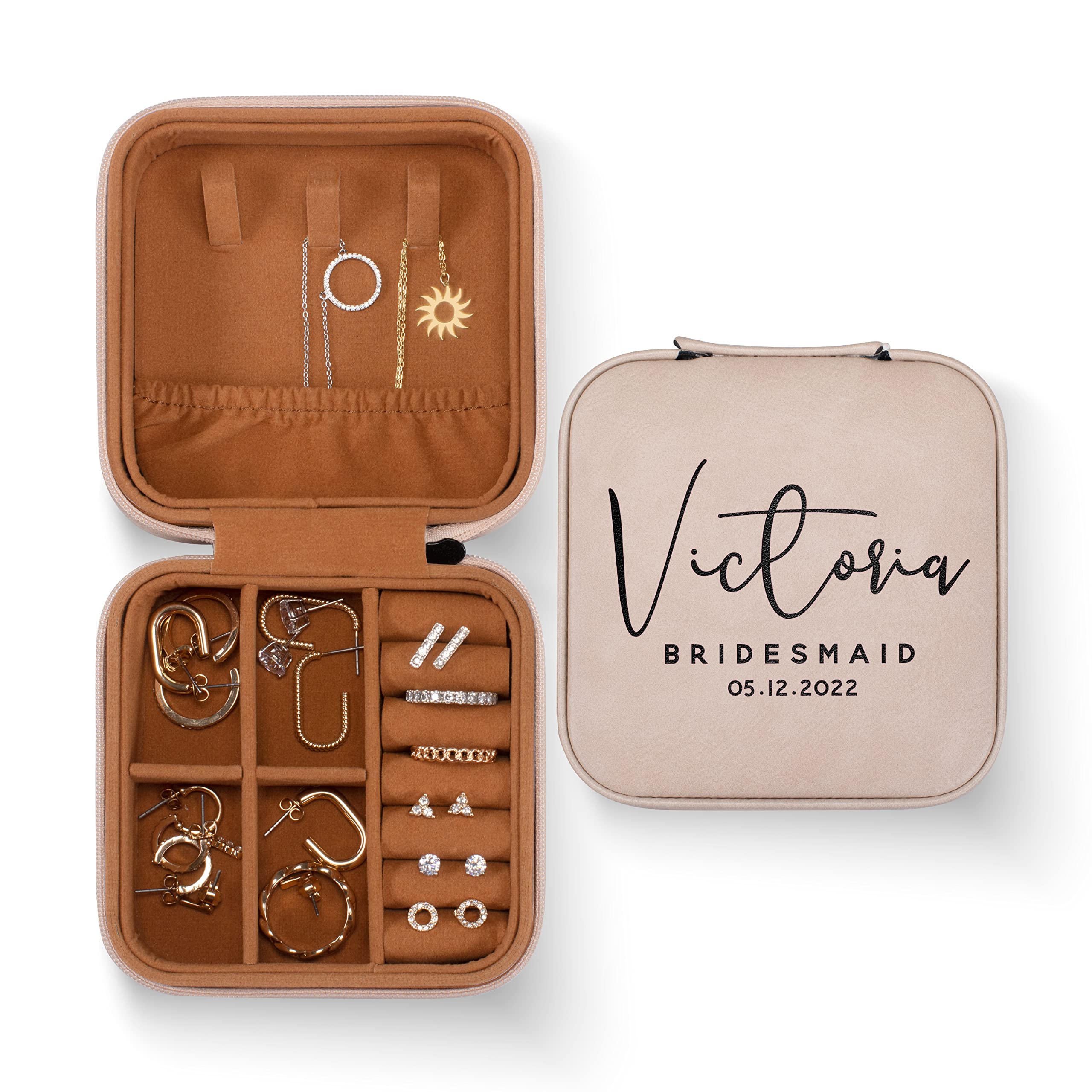 Personalized Leather Bridesmaid Jewelry Box with Engraved Name & Title - Rose Gold Custom Jewelry Organizer Case for Bridesmaid Proposal, Bachelorette Party Favors & Bridal Shower Gift | Perfect for Wedding Accessories Storage & Keepsake Present