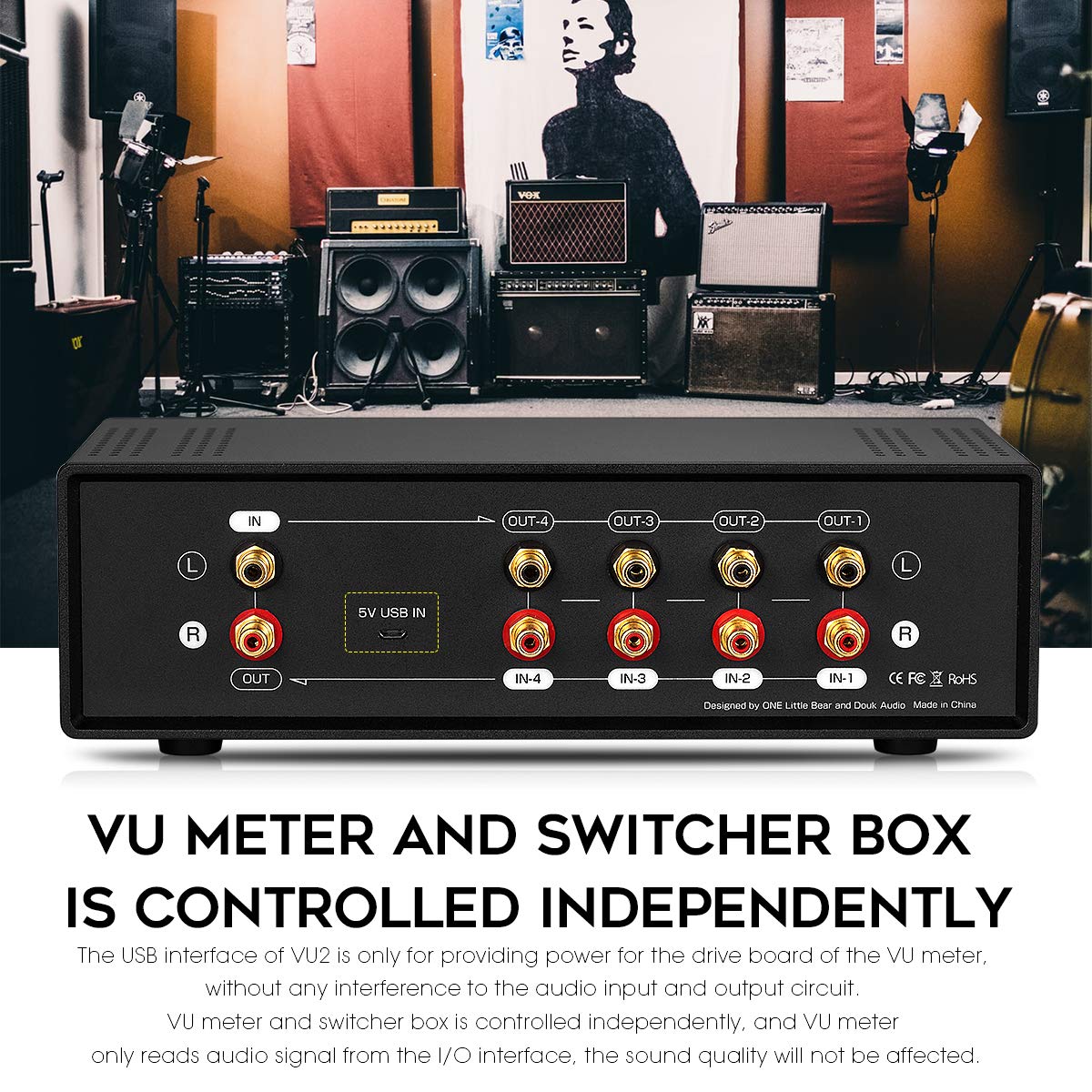 Douk Audio VU2 Dual VU Meter - Analog Sound Level Indicator with 4-Way Splitter Switch for MIC & Line Input - Audio Switcher Box for Speaker, Amplifier, Preamp (Light Version) - Perfect for Home Studios, DJ Setups & Live Sound Systems