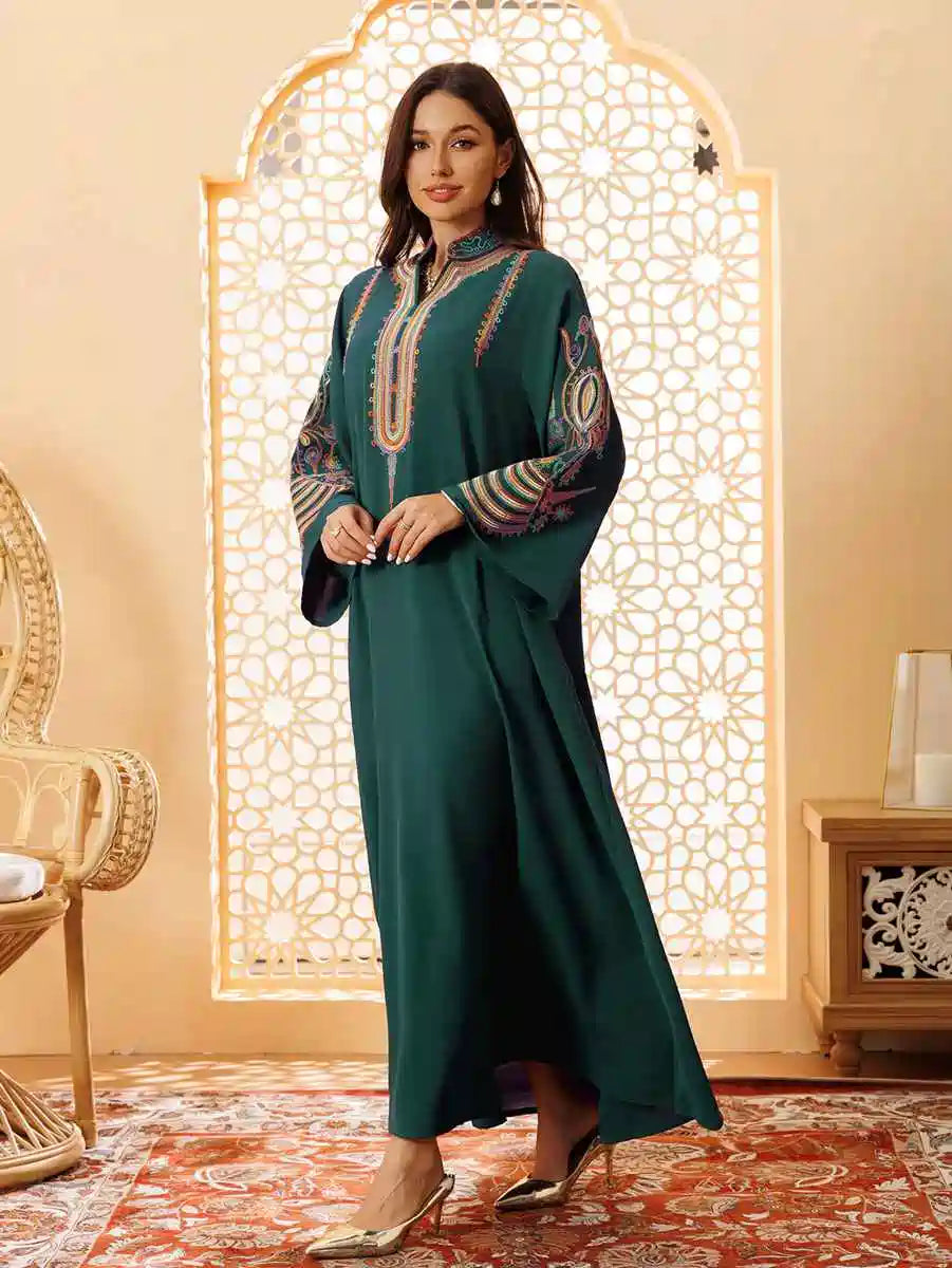 Elegant Eid Rope Embroidery Kaftan Dress for Women - Flowy Long Sleeve Maxi Dress for Muslim Holiday Celebrations, Parties and Special Occasions