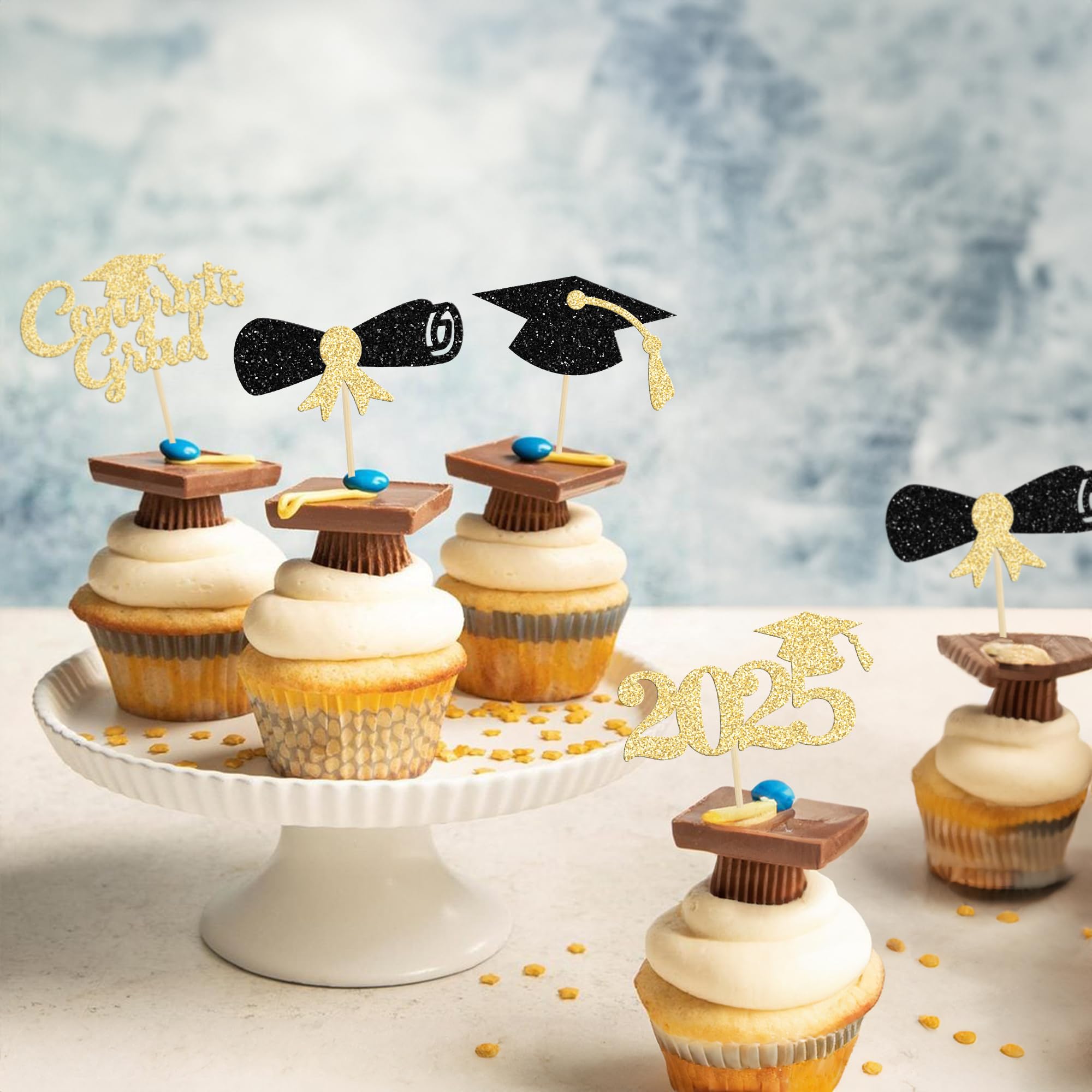24Pcs 2025 Graduation Cupcake Toppers - Black Glitter Congrats Grad Decorations with Cap & Diploma Picks for Graduation Party, Cake Decor Supplies (Perfect for High School & College Graduation Celebrations)