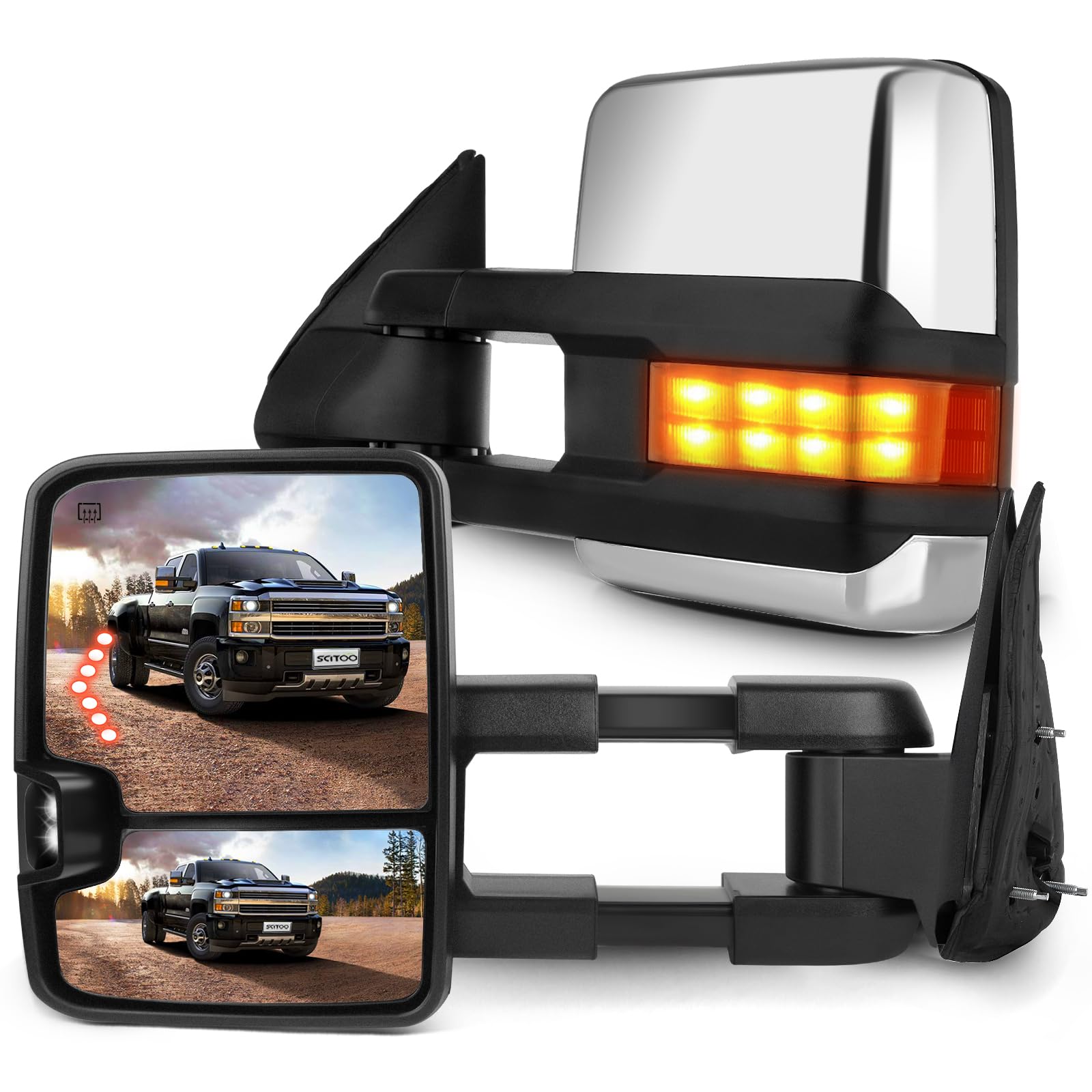 SCITOO Power Heated LED Signal Towing Mirrors with Reverse Light - Compatible with 2003-2006 Chevy Silverado, GMC Sierra, Cadillac Escalade & 2007 Chevy Silverado, GMC Sierra Classic - Perfect for Towing, Night Driving and Off-Road Adventures