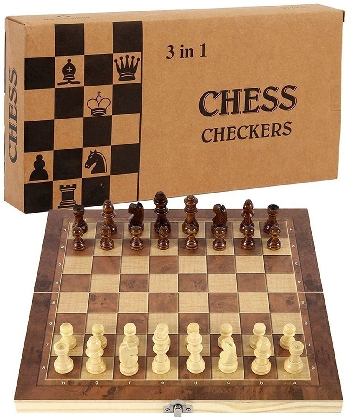 Riyyow 3-in-1 Wooden Chess, Checkers & Backgammon Set - Large 29x29cm Folding Board Game with Chess Pieces - Educational Family Board Games for Kids & Adults - Perfect for Home, Travel and Classroom Learning