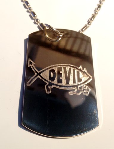 Funny Jesus Fish Devil Satan Logo Military Dog Tag - Luggage Tag, Keychain & Necklace for Men & Women - Perfect for Gifts, Cosplay & Punk Fashion Accessories