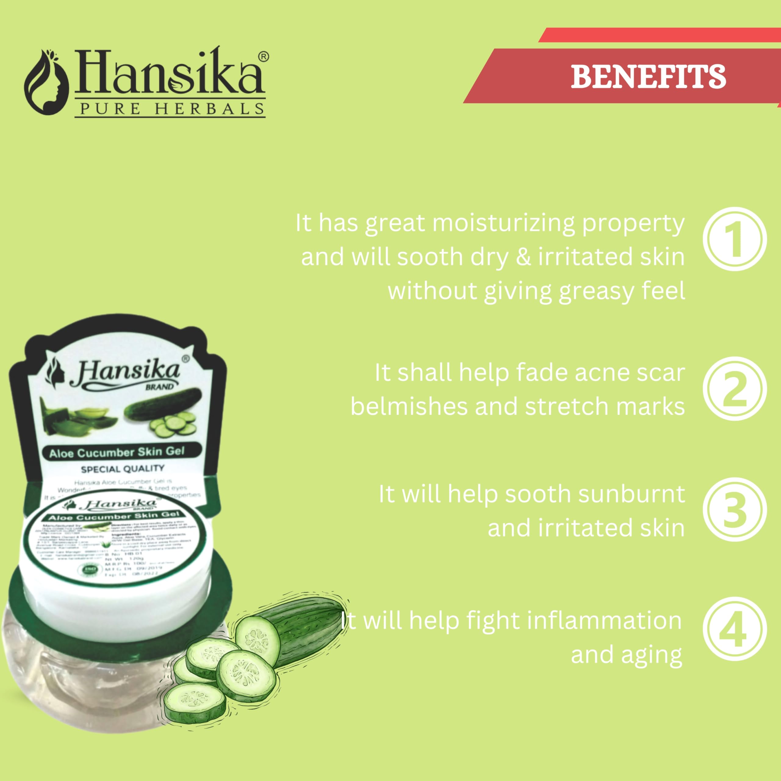HANSKA Cucumber Gel 120g - Soothing & Hydrating Face Moisturizer for Dry Skin, Dark Circles & Puffiness | Perfect for Daily Skincare Routine & Post-Sun Care