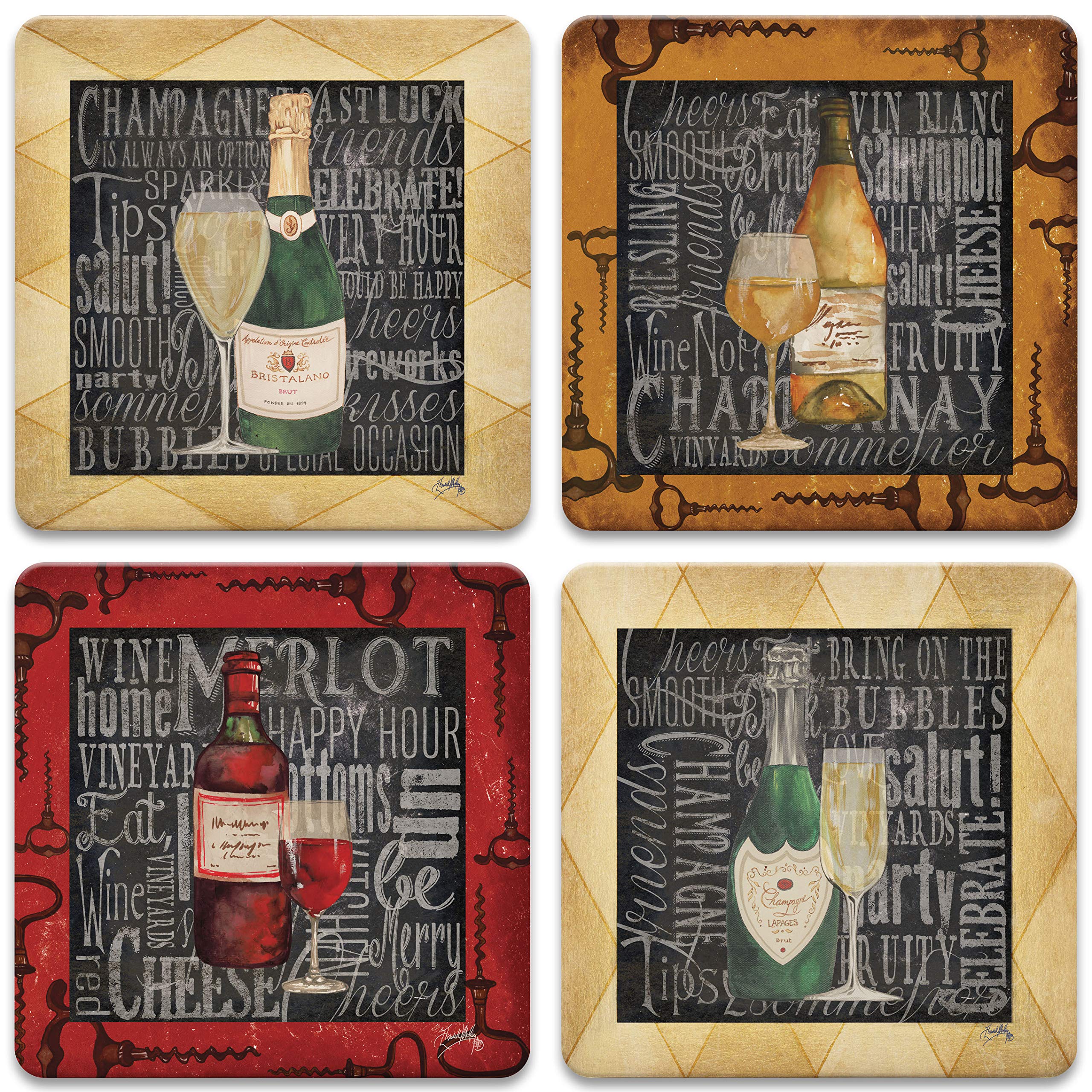 CoasterStone Chalk Art Wine Set of 4 Reusable Drink Coasters - Multicolored Stone Coasters for Wine Glasses, Beer Mugs & Cocktails - Perfect for Home Bars, Dinner Parties & Gift Giving