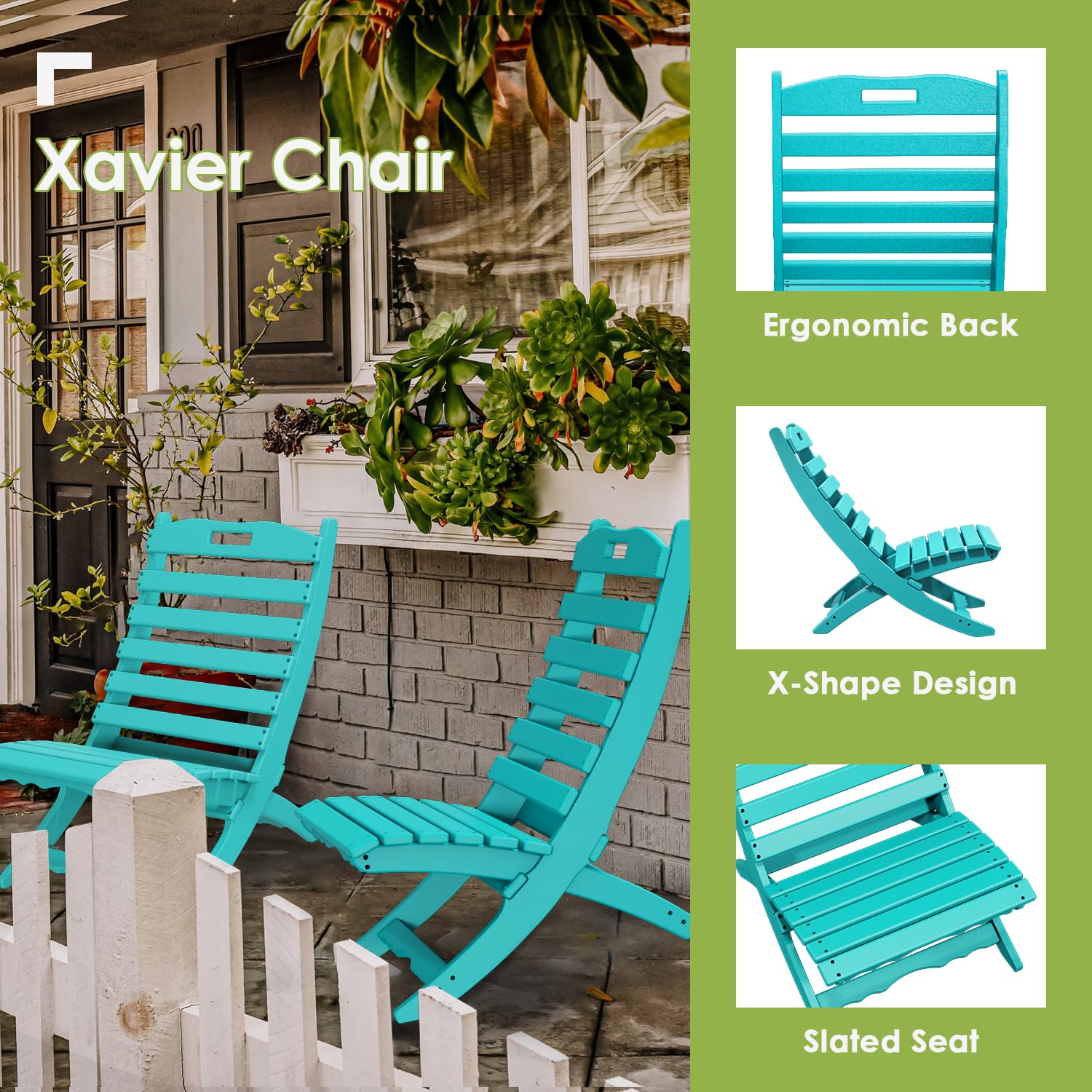 4-Pack Folding Xavier Chairs | Wave Design HDPE Plastic Adirondack Chairs | All-Weather Outdoor Chairs for Beach, Poolside, Deck, Garden, Patio & Camping | Portable Fire Pit Seating | Aqua Blue Color