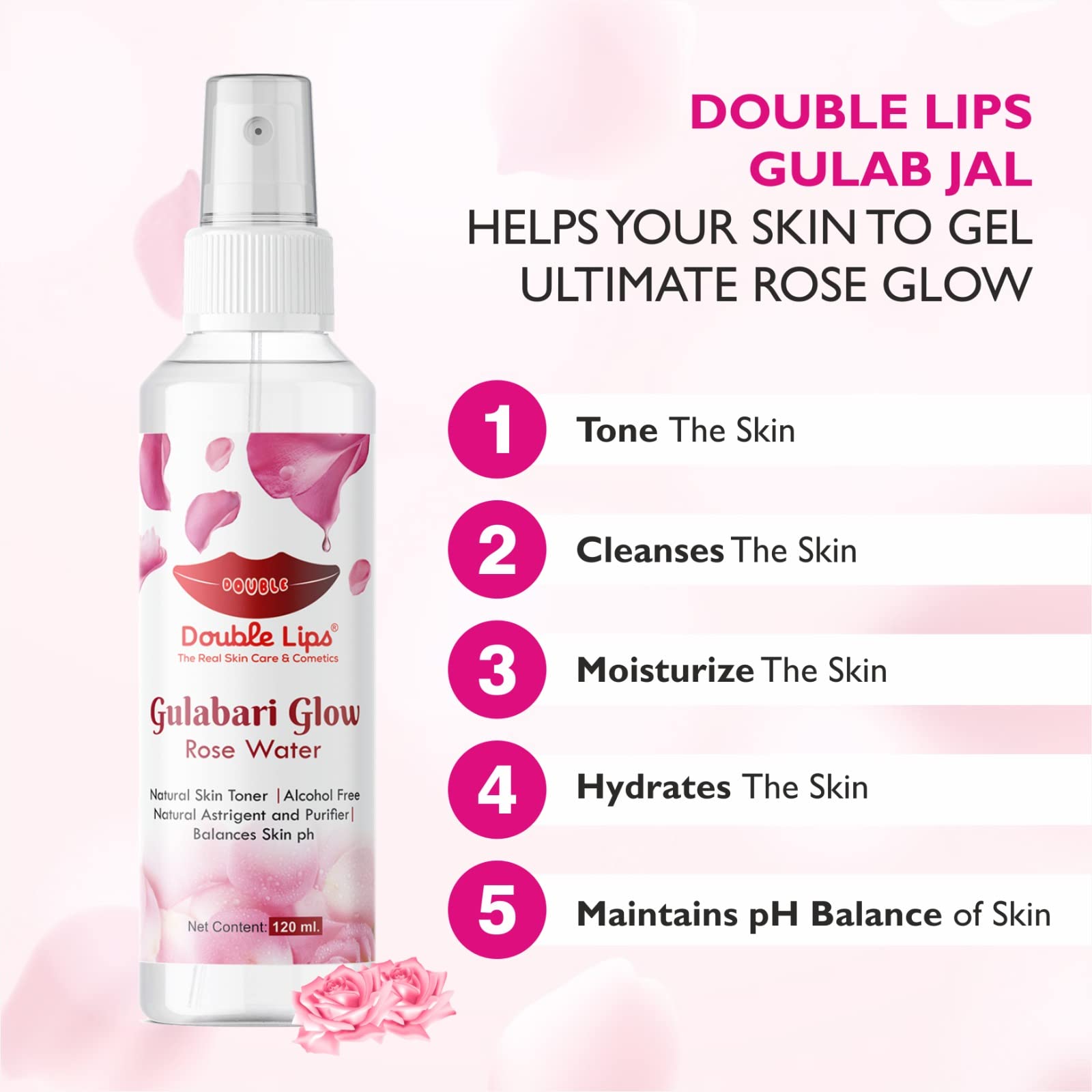 Organic Rose Water Face Mist & Toner - Double Lips Premium Gulab Jal Spray (120ml, Pack of 4) for Hydration & Brighter Skin | Natural Skincare, Makeup Setting, Post-Workout Refresh