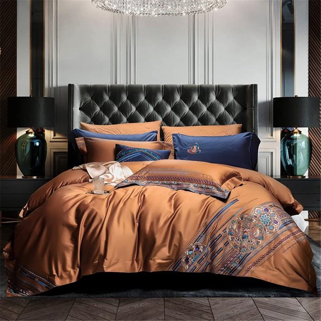 LEIGE Chic Embroidery Duvet Cover Set - Queen & King Size Egyptian Cotton Bedding (6pc) - Luxury Bed Sheet Set with Pillowcases - Perfect for Master Bedroom, Guest Room & Hotel Decor