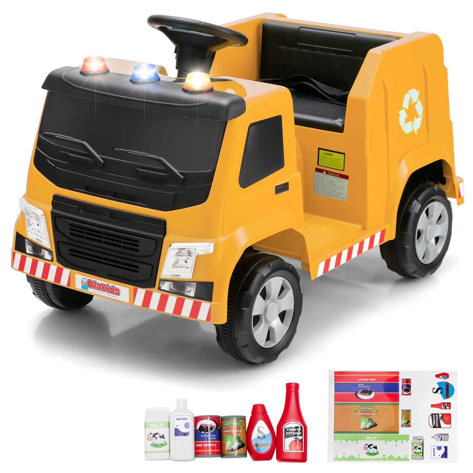 OLAKIDS 6V Electric Ride-On Garbage Truck Toy for Kids - Battery Powered Recycling Truck with Music, Horn & Warning Lights - Includes Recycling Accessories - Yellow Toddler Toy for Boys & Girls - Perfect for Pretend Play, Outdoor Fun & Learning About Recycling