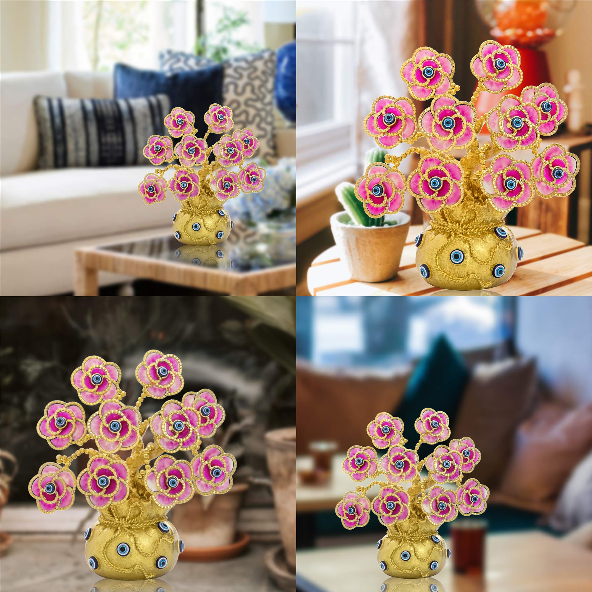 YU FENG Turkish Evil Eye Tree with Golden Lucky Bag - Artificial Plant in Vase for Home & Office Decor - Brings Good Luck, Wealth & Positive Energy | Perfect for Living Room, Bedroom, or Gift