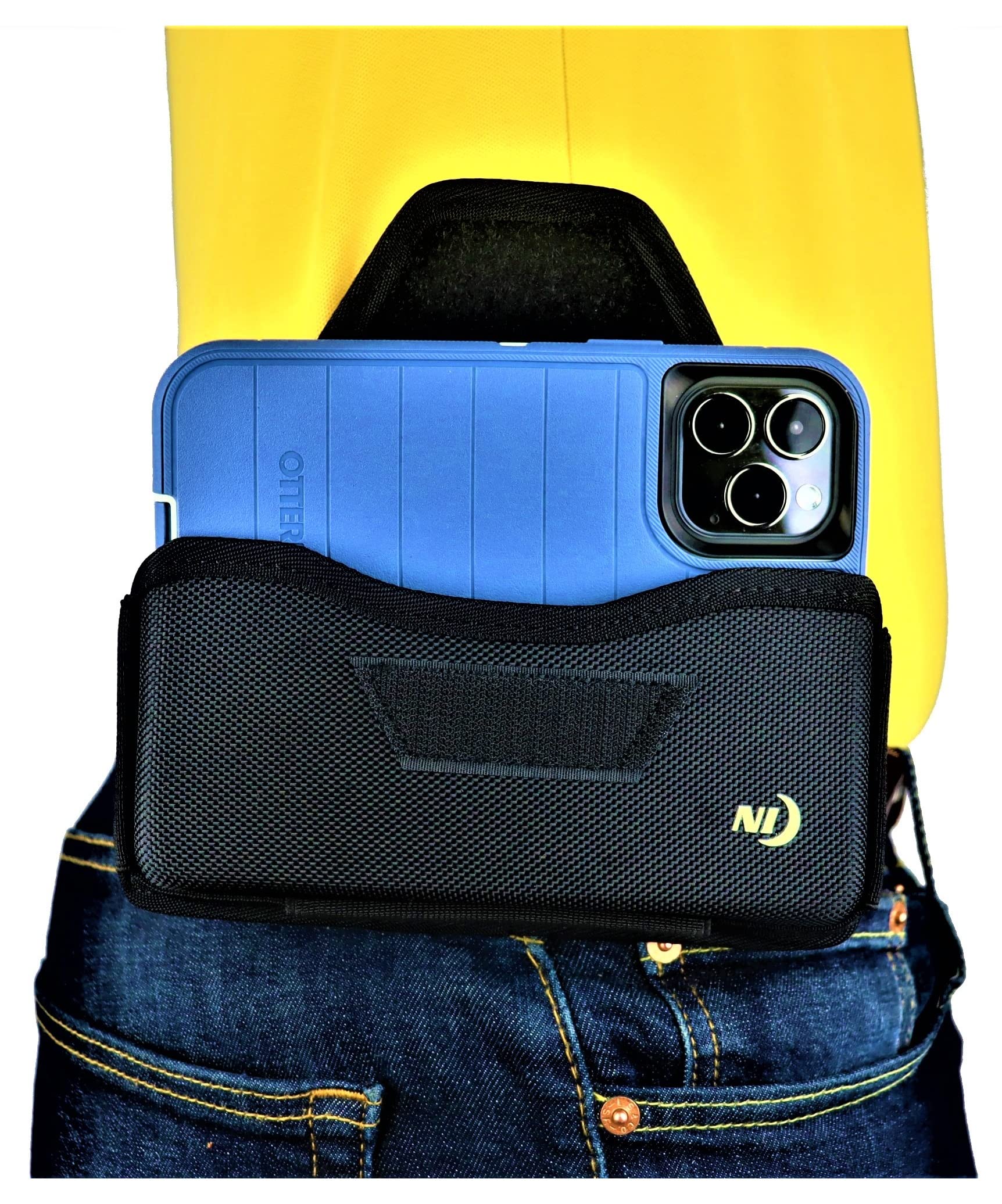 Nite Ize Hard Shell Cell Phone Holster Pouch for iPhone 14/13/12 Pro Max & Plus - Rugged Heavy Duty Belt Clip Holder - Compatible with Otterbox Defender/Commuter Case (Horizontal Carry) - Perfect for Outdoor Activities, Construction Work & Hands-Free Use
